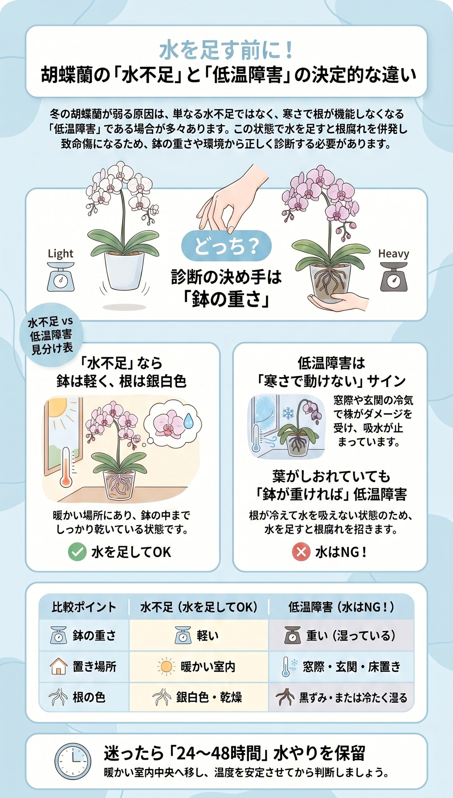 水を足す前に!「水不足」と「低温障害」の決定的な違い|胡蝶蘭の冬越し・低温障害の症状と初動対応を整理したインフォグラフィック