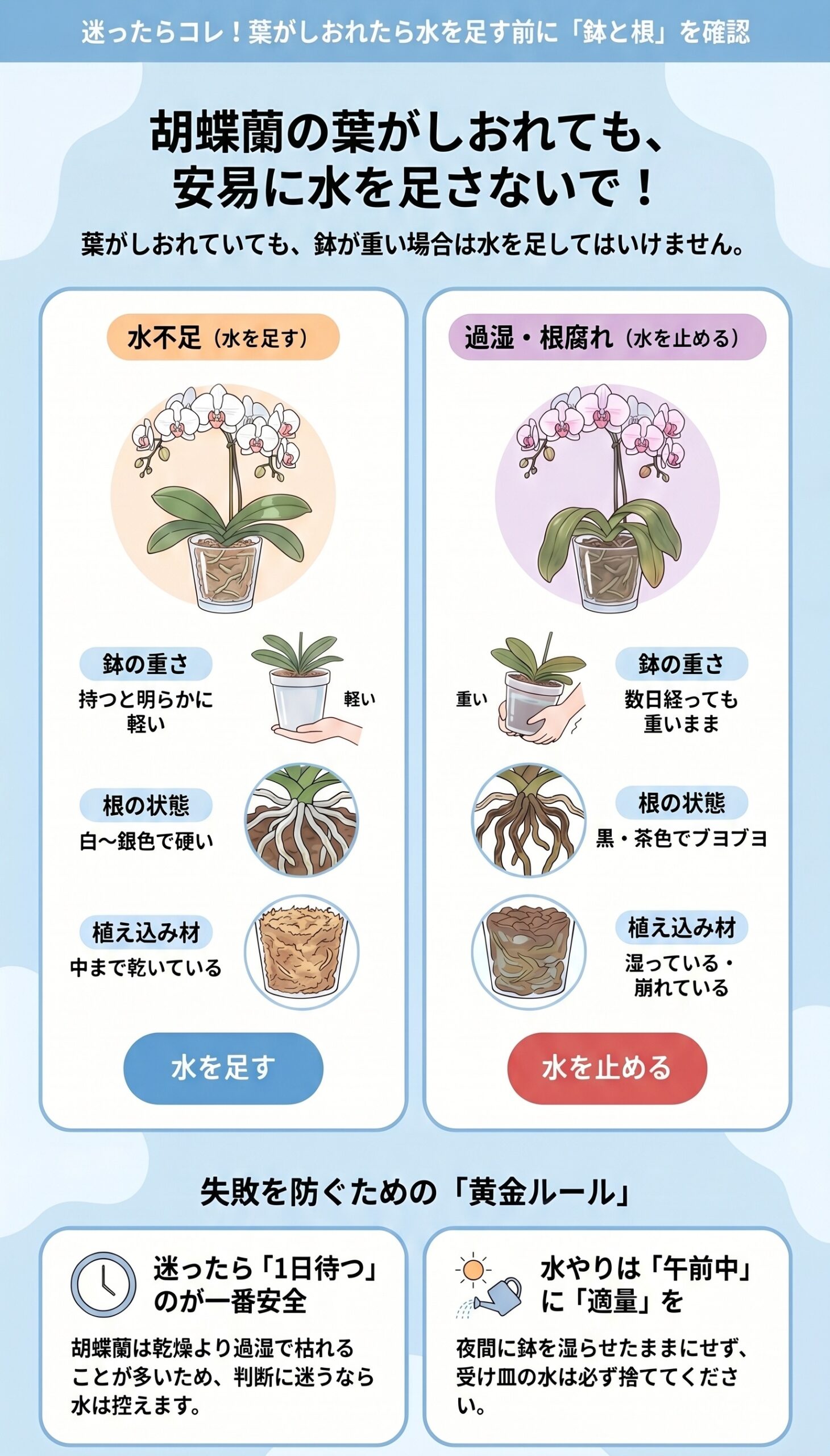 迷ったらコレ!葉がしおれたら水を足す前に鉢と根を確認|胡蝶蘭の水不足症状と鉢・根の確認ポイントを整理したインフォグラフィック