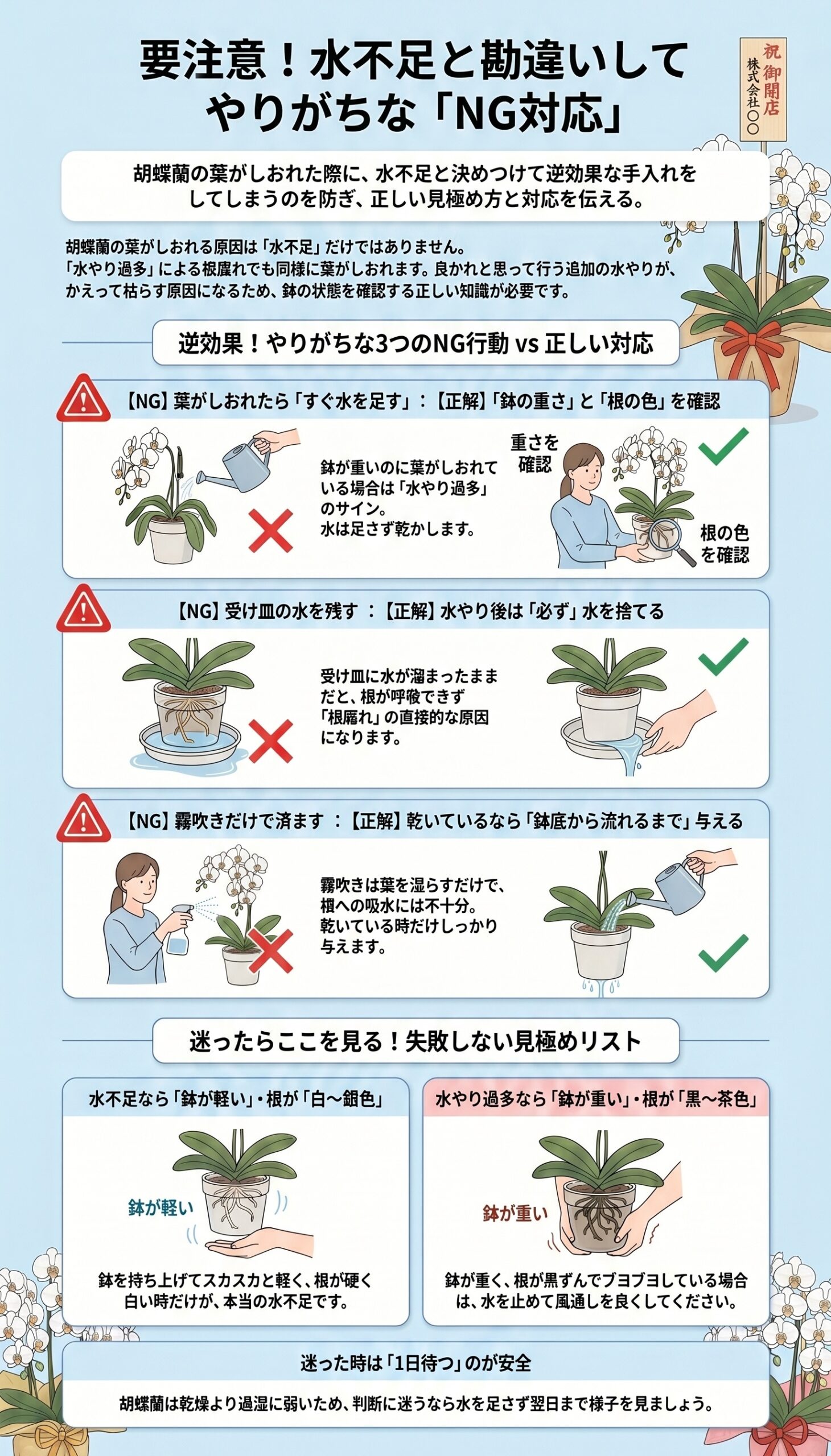 要注意!水不足と勘違いしてやりがちなNG対応|胡蝶蘭の水不足症状で避けたい対応を整理したインフォグラフィック