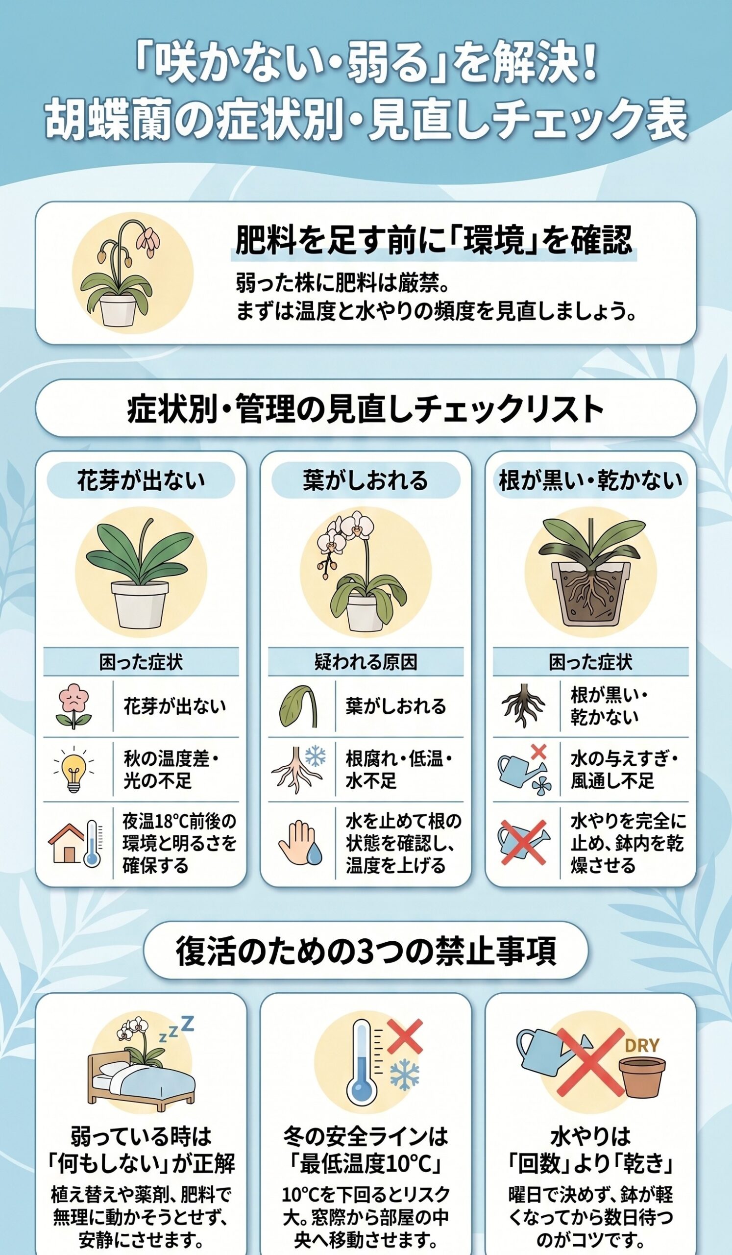 トラブル解決!「咲かない・弱る」時の症状別見直し表|胡蝶蘭を毎年咲かせる年間管理のインフォグラフィック