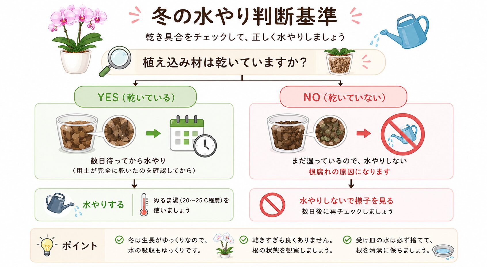 冬の胡蝶蘭の水やりタイミング図解