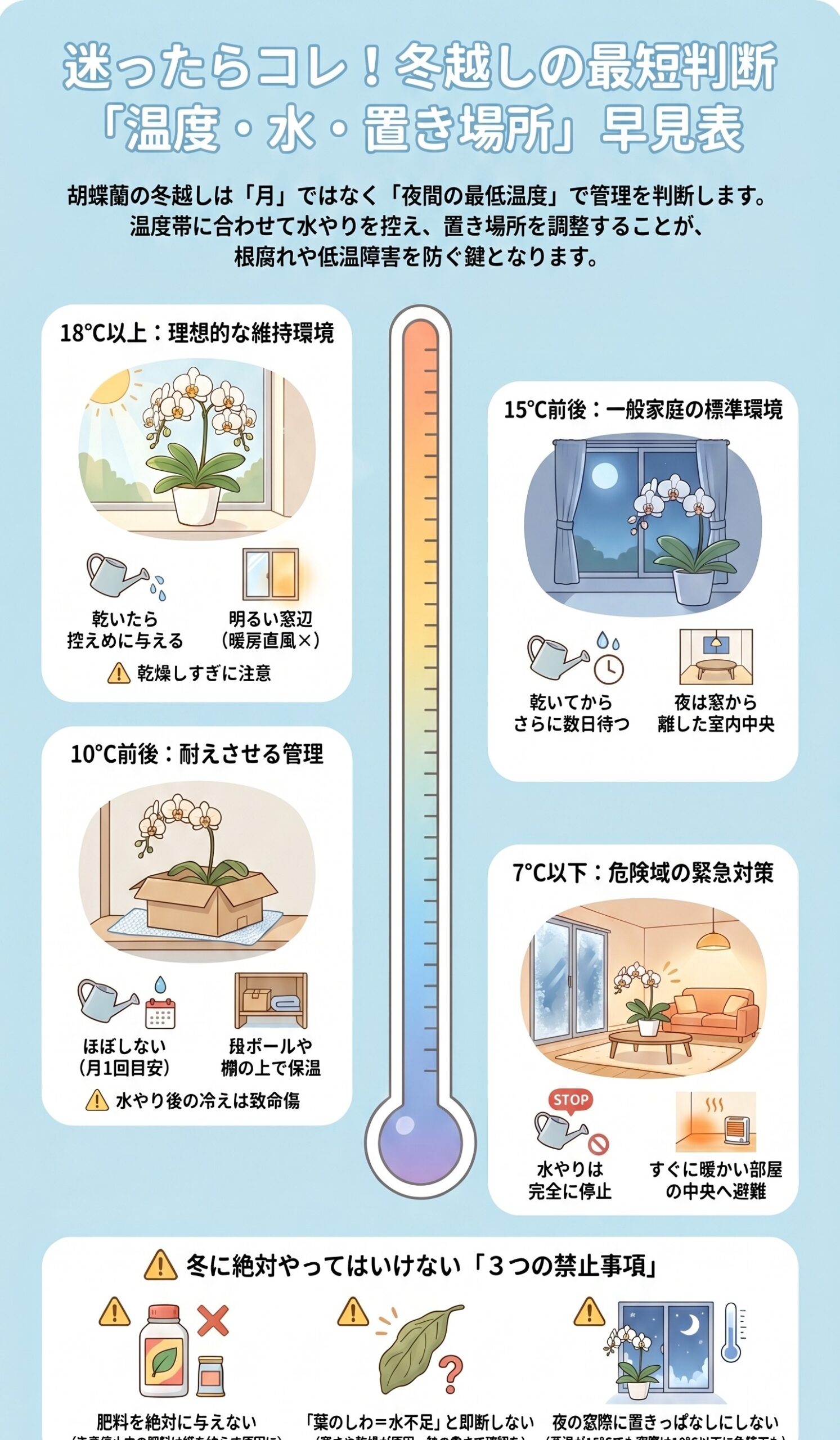 胡蝶蘭の冬越しで温度・水やり・置き場所を同時に判断する早見表インフォグラフィック