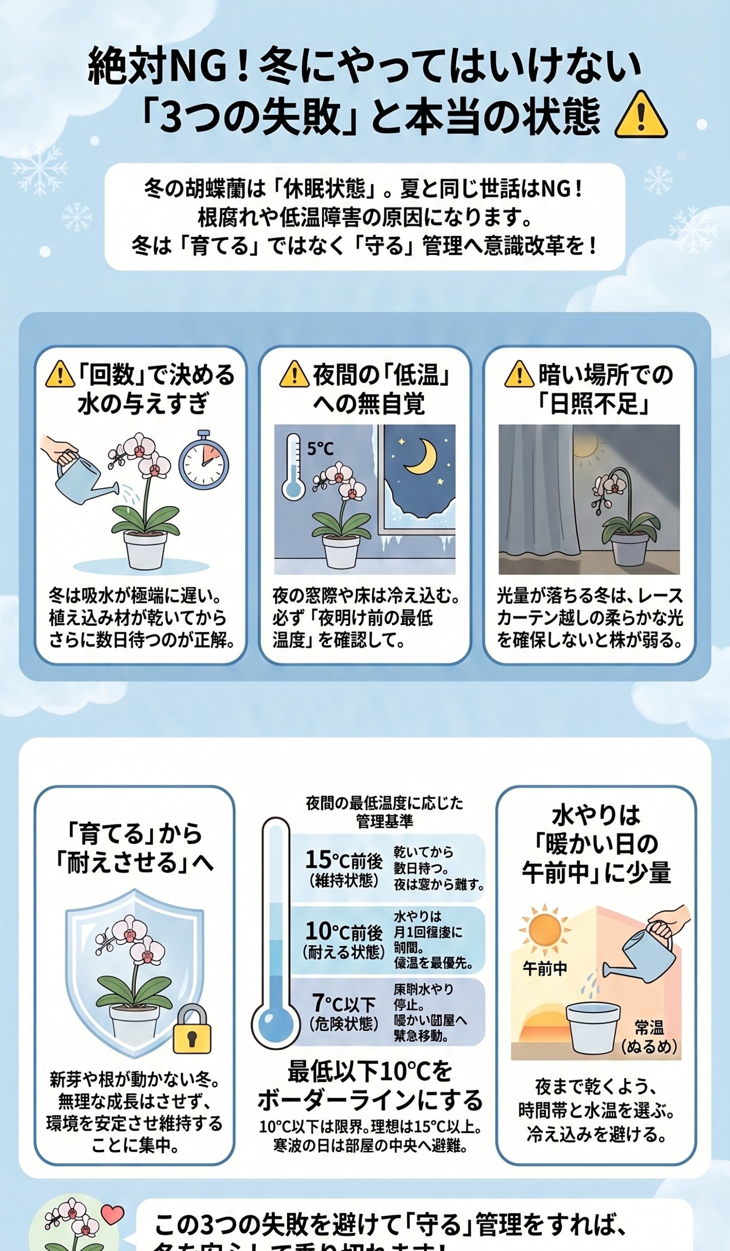 胡蝶蘭の冬越しでやってはいけない3つの失敗と本当の状態を説明するインフォグラフィック