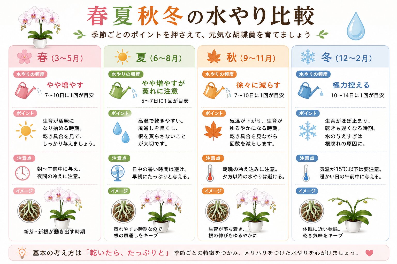 季節ごとの水やり方針比較図