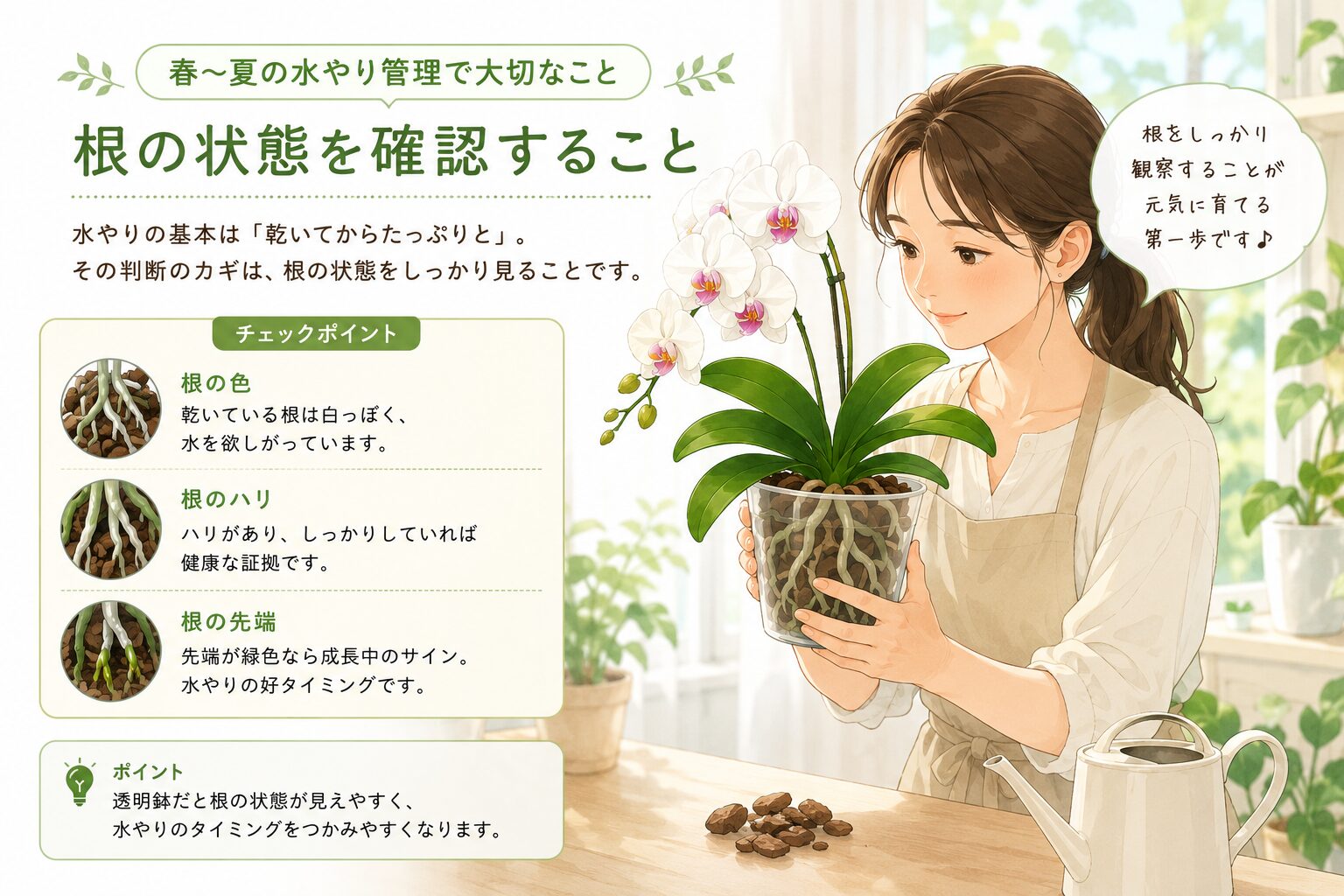 胡蝶蘭の根を観察する様子