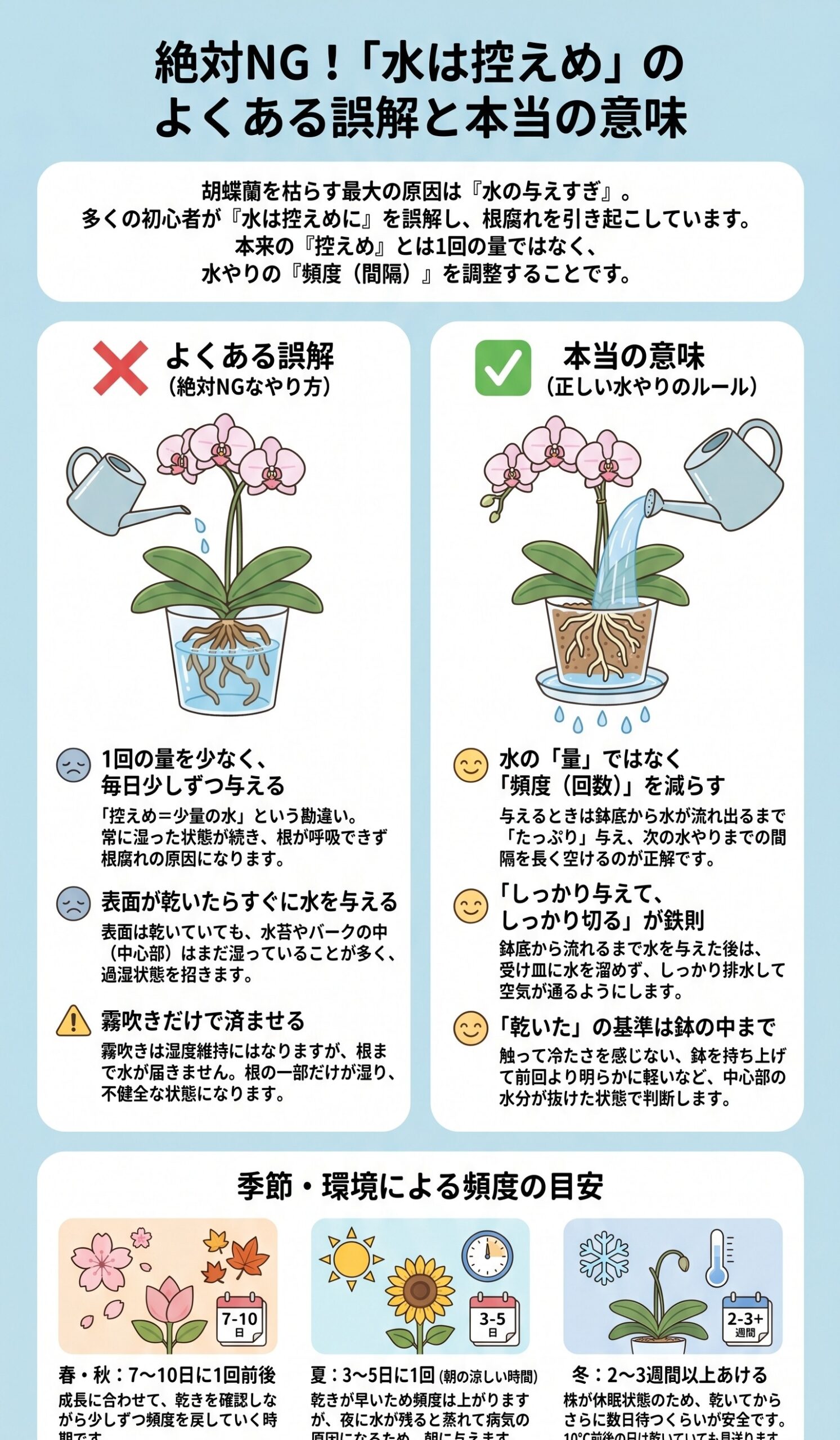 胡蝶蘭の水は控えめという言葉の誤解と正しい意味を説明するインフォグラフィック