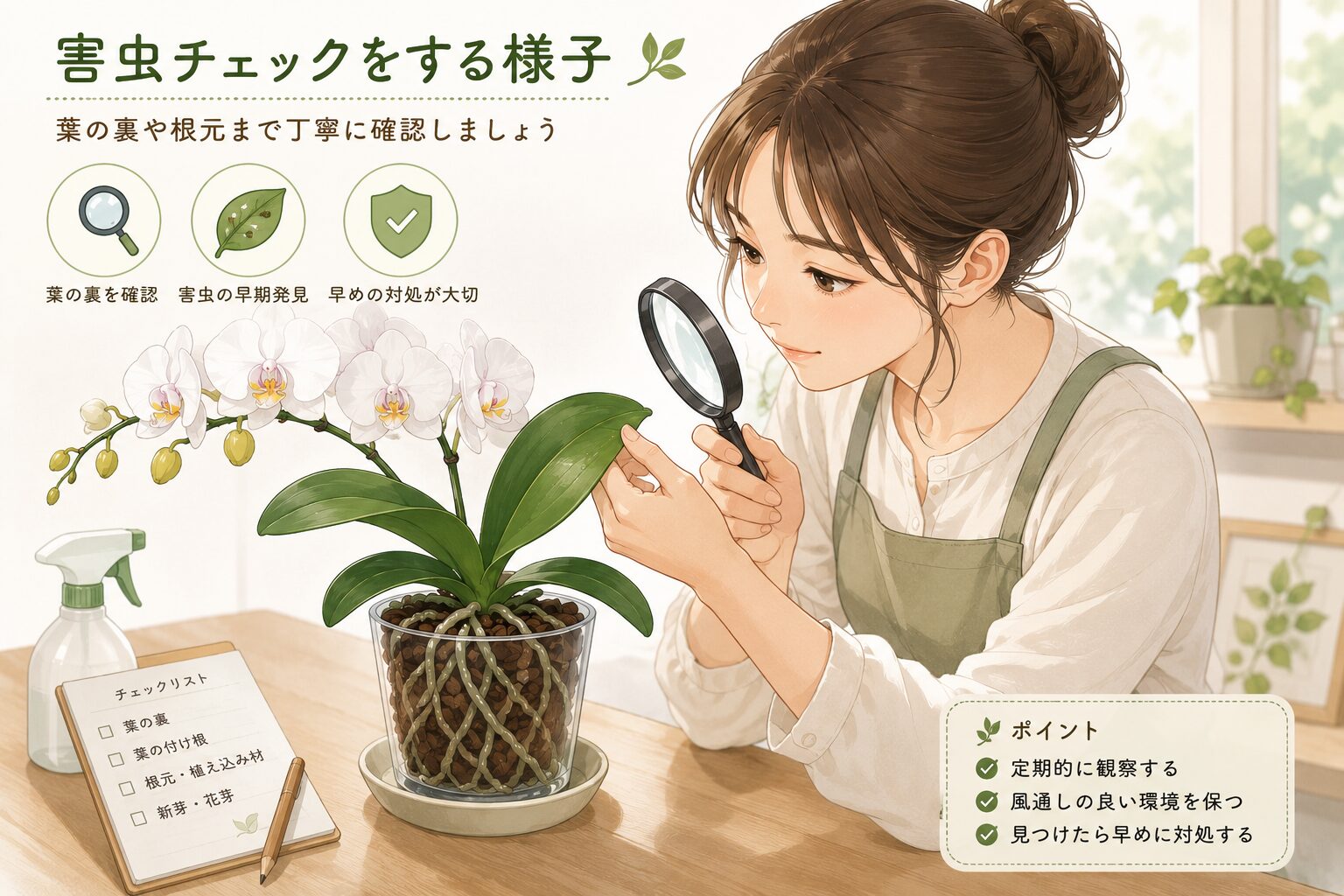 胡蝶蘭を点検する育成者