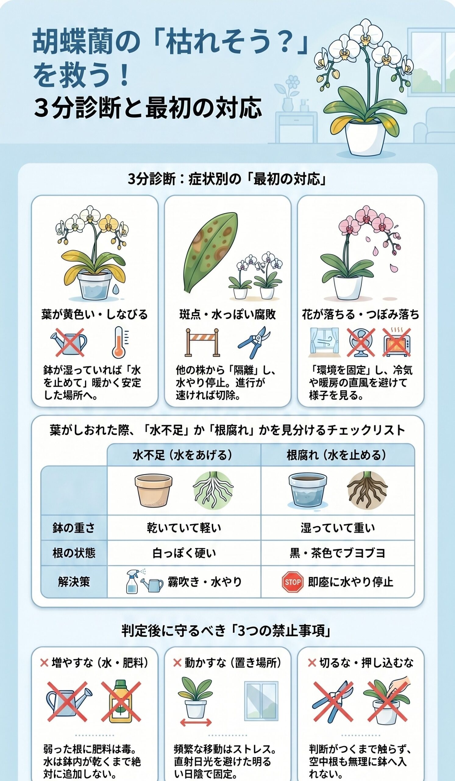 胡蝶蘭が枯れそうな時に3分で症状を診断し最初の対応を判断するインフォグラフィック