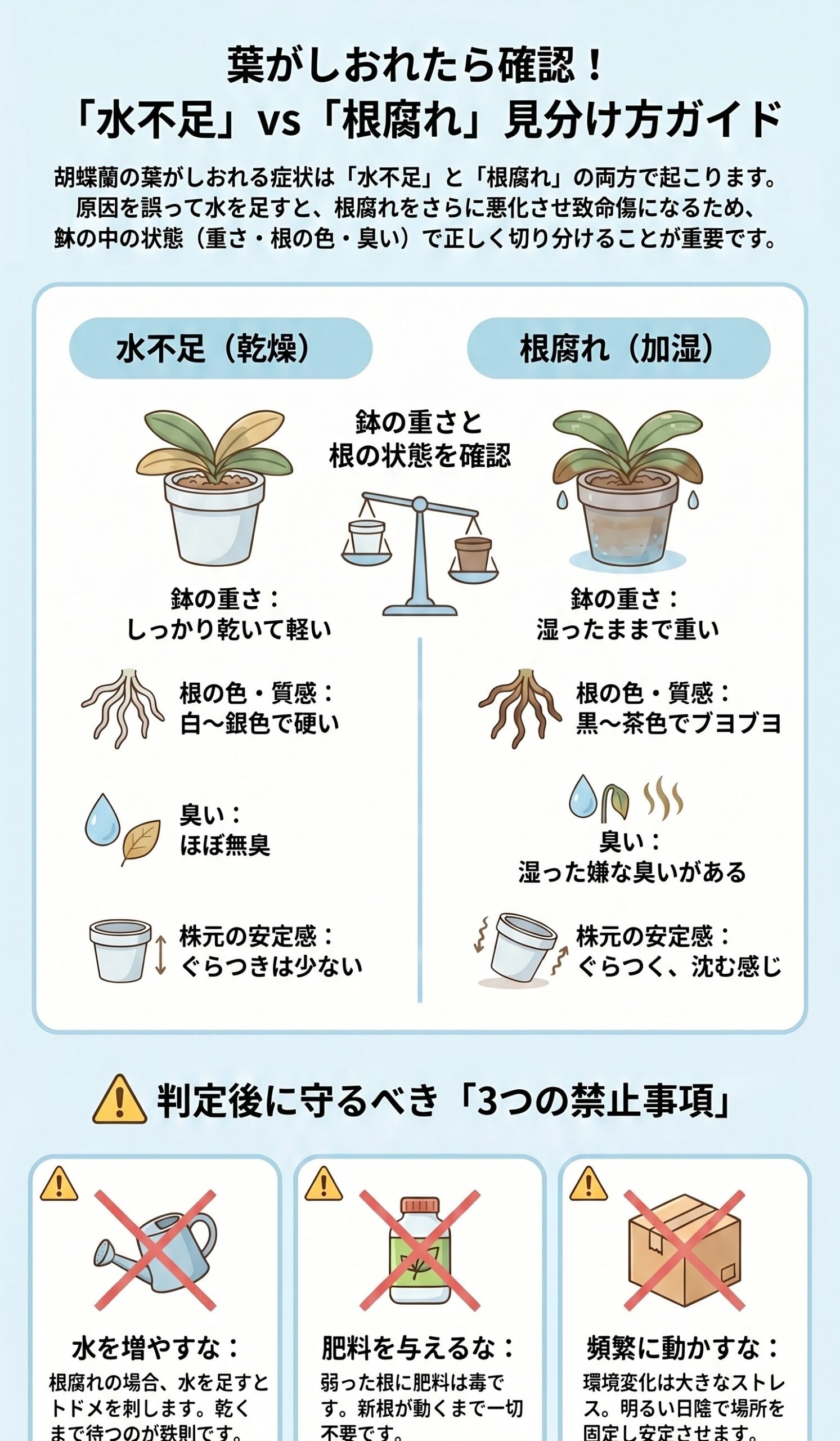 胡蝶蘭の水不足と根腐れを鉢の重さや根の状態で見分けるインフォグラフィック