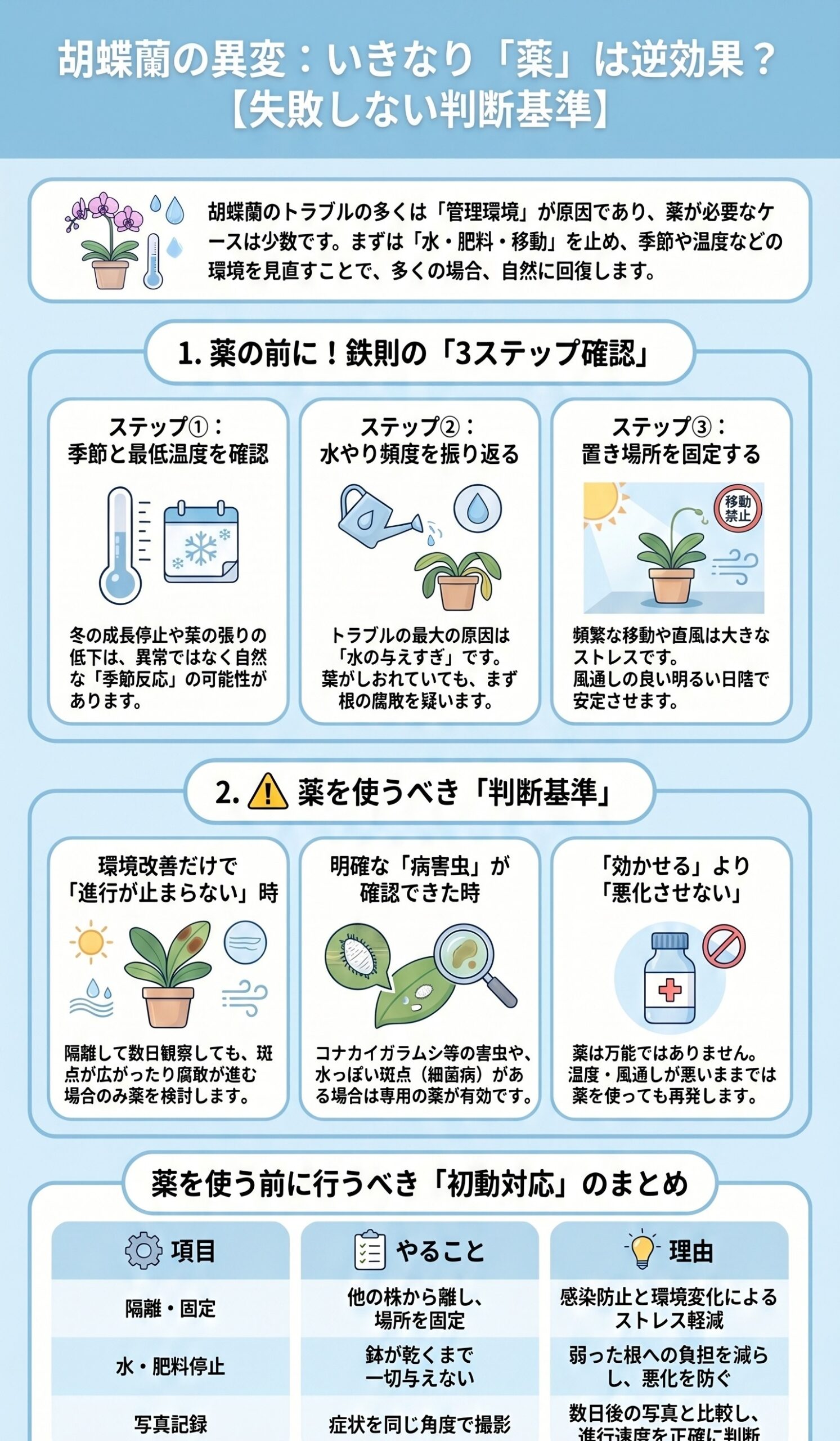 胡蝶蘭に薬を使う前に確認すべき判断基準をまとめたインフォグラフィック