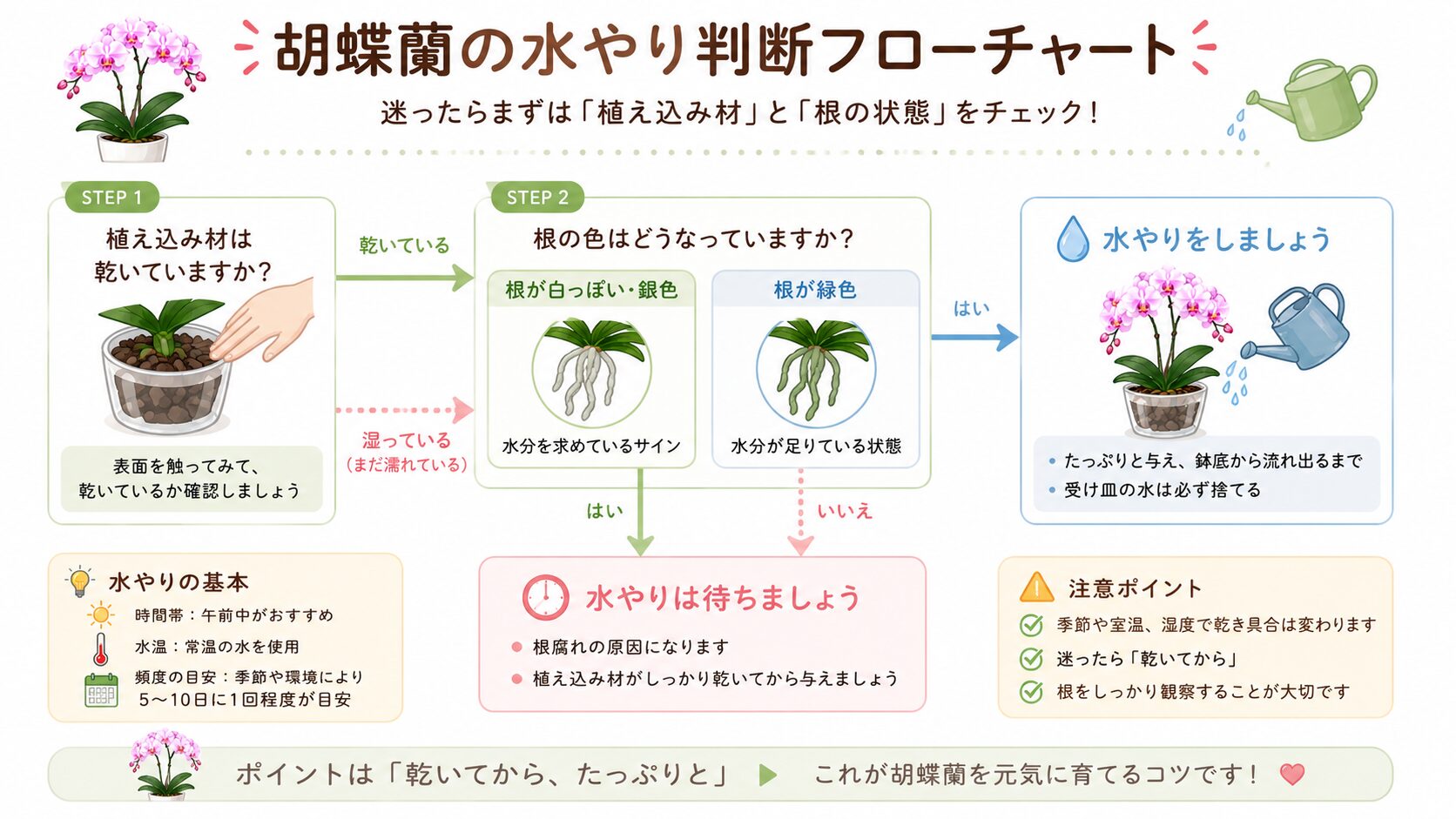 胡蝶蘭の水やりタイミング判断図