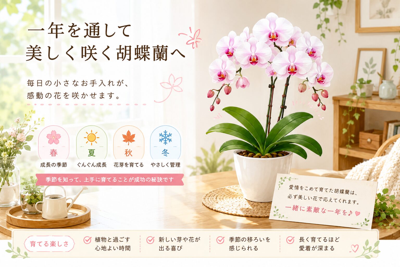 室内で元気に育つ胡蝶蘭のイラスト