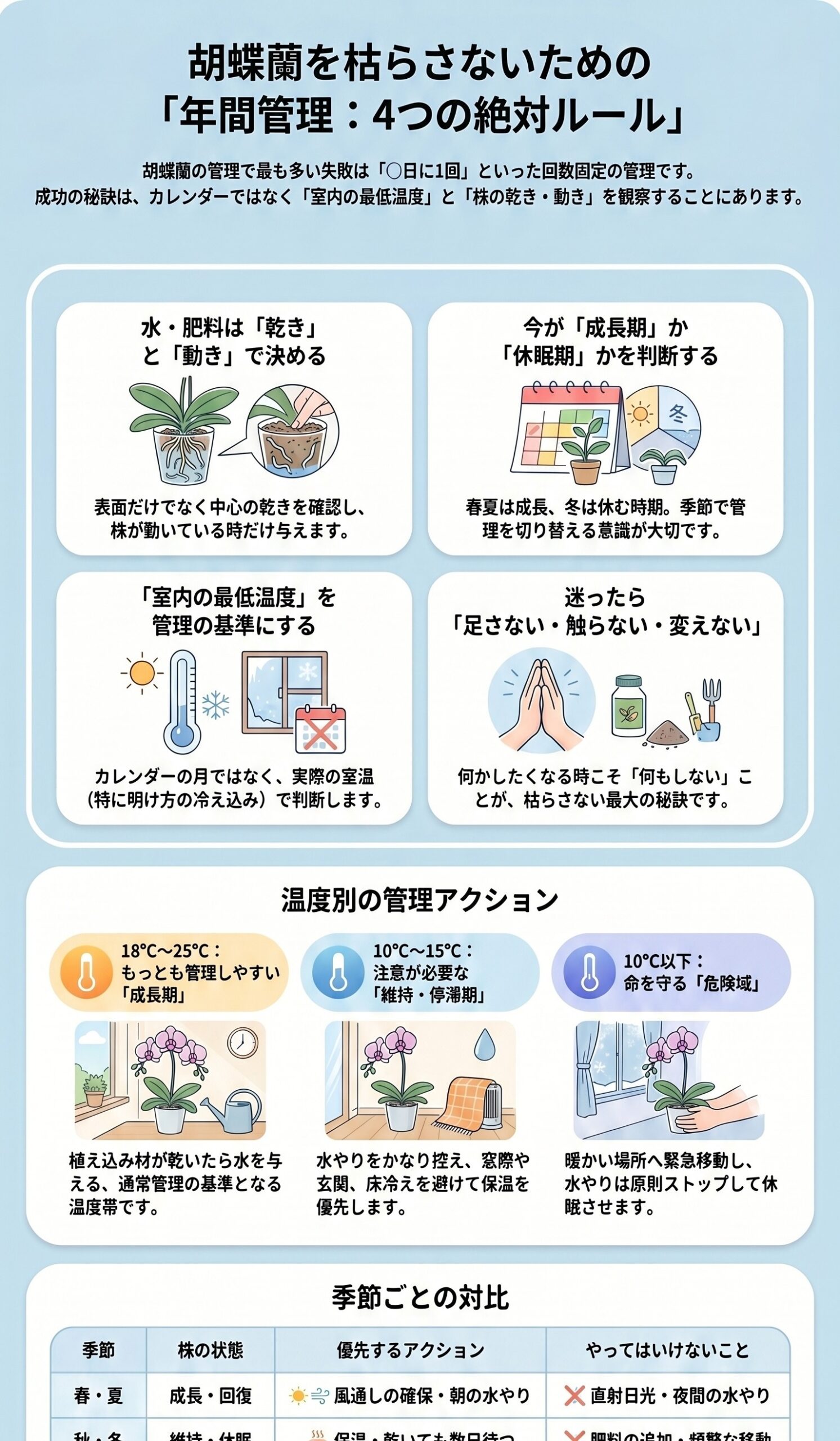 胡蝶蘭の年間管理で守るべき4つの絶対ルールをまとめたインフォグラフィック