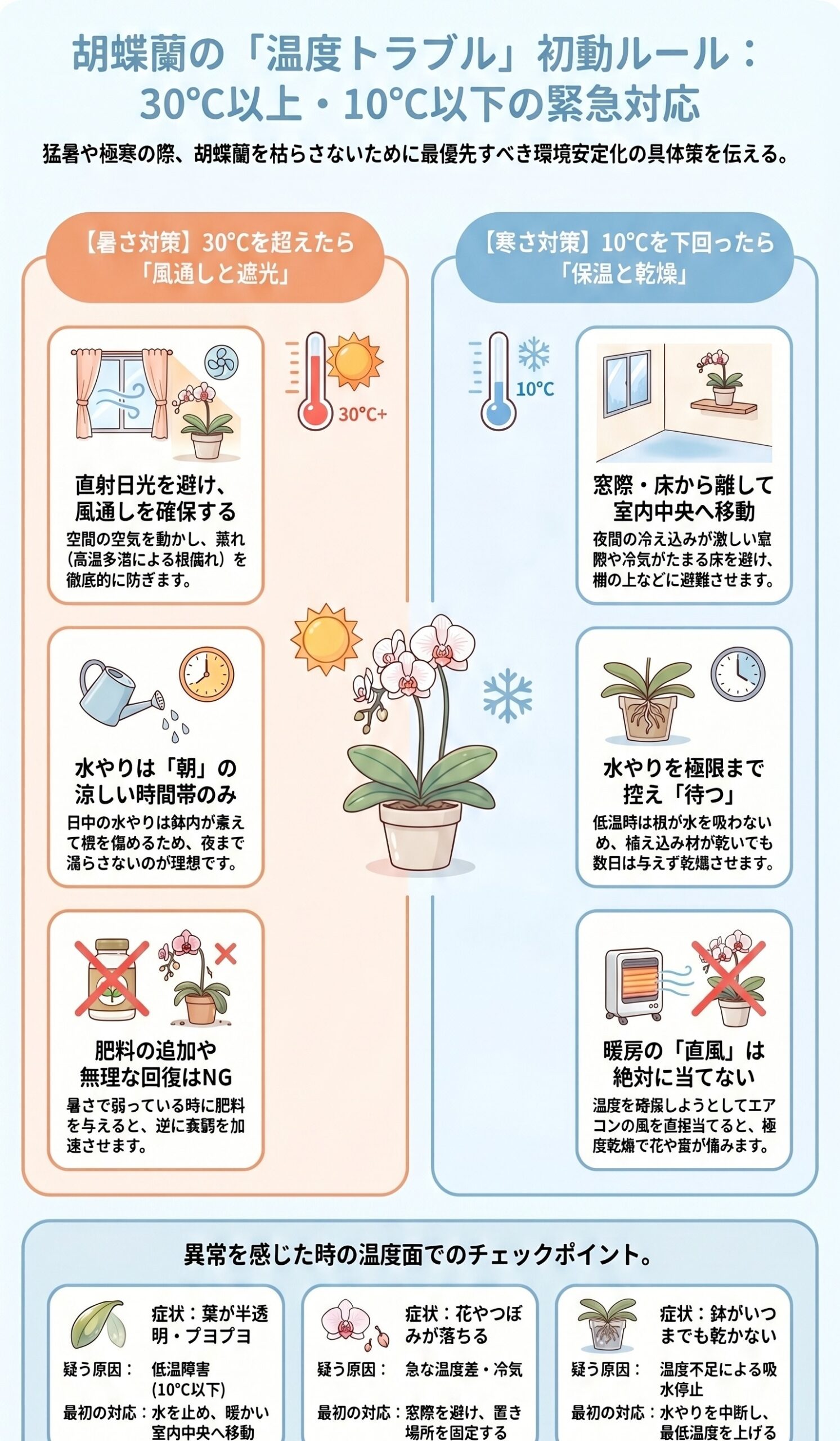 胡蝶蘭が暑すぎる時や寒すぎる時の初動ルールをまとめたインフォグラフィック