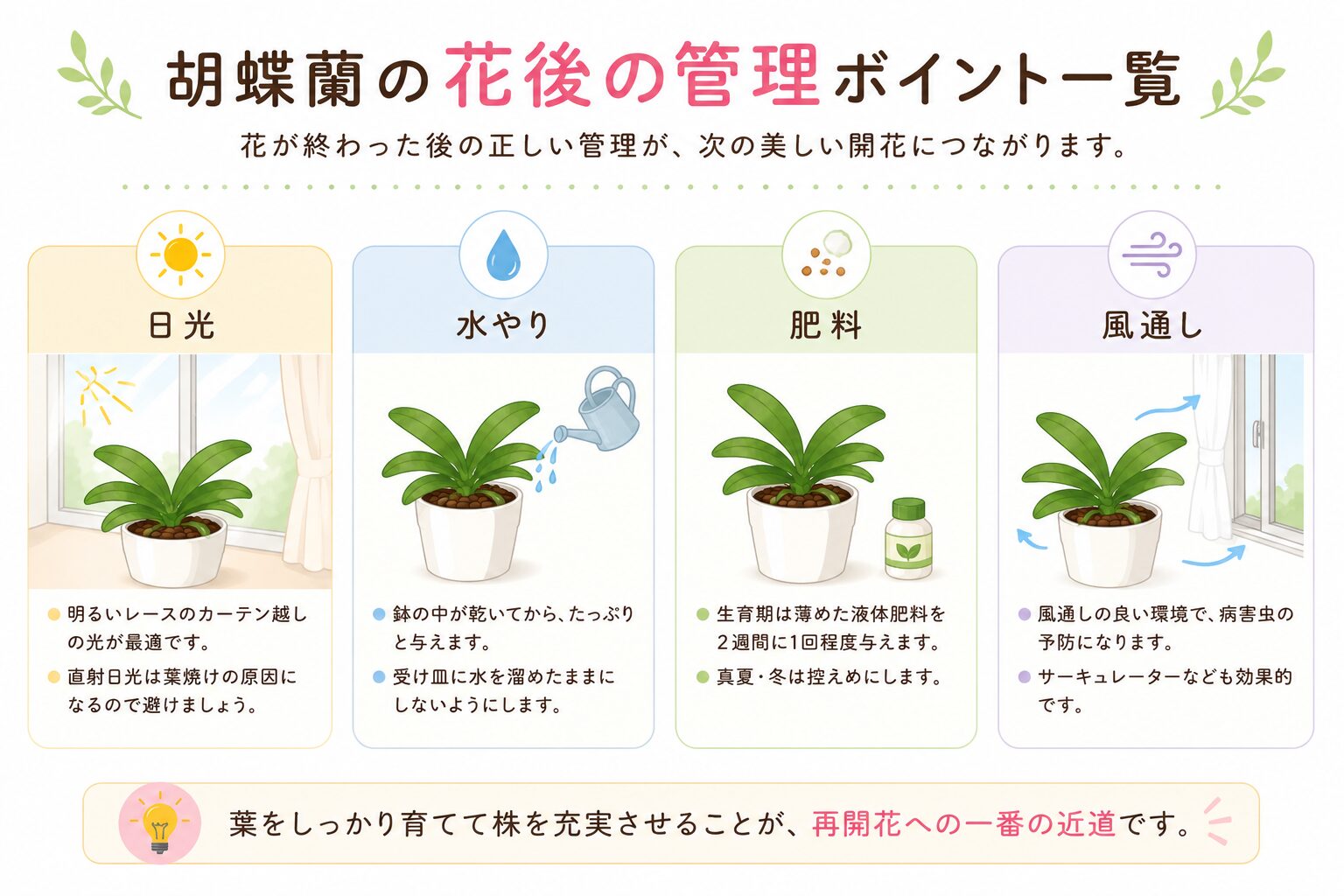 胡蝶蘭の花後管理方法をまとめた図解