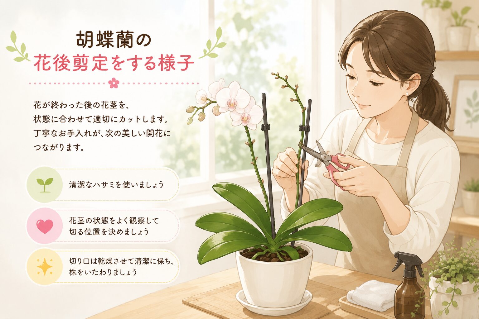 胡蝶蘭の花後剪定を行うイラスト