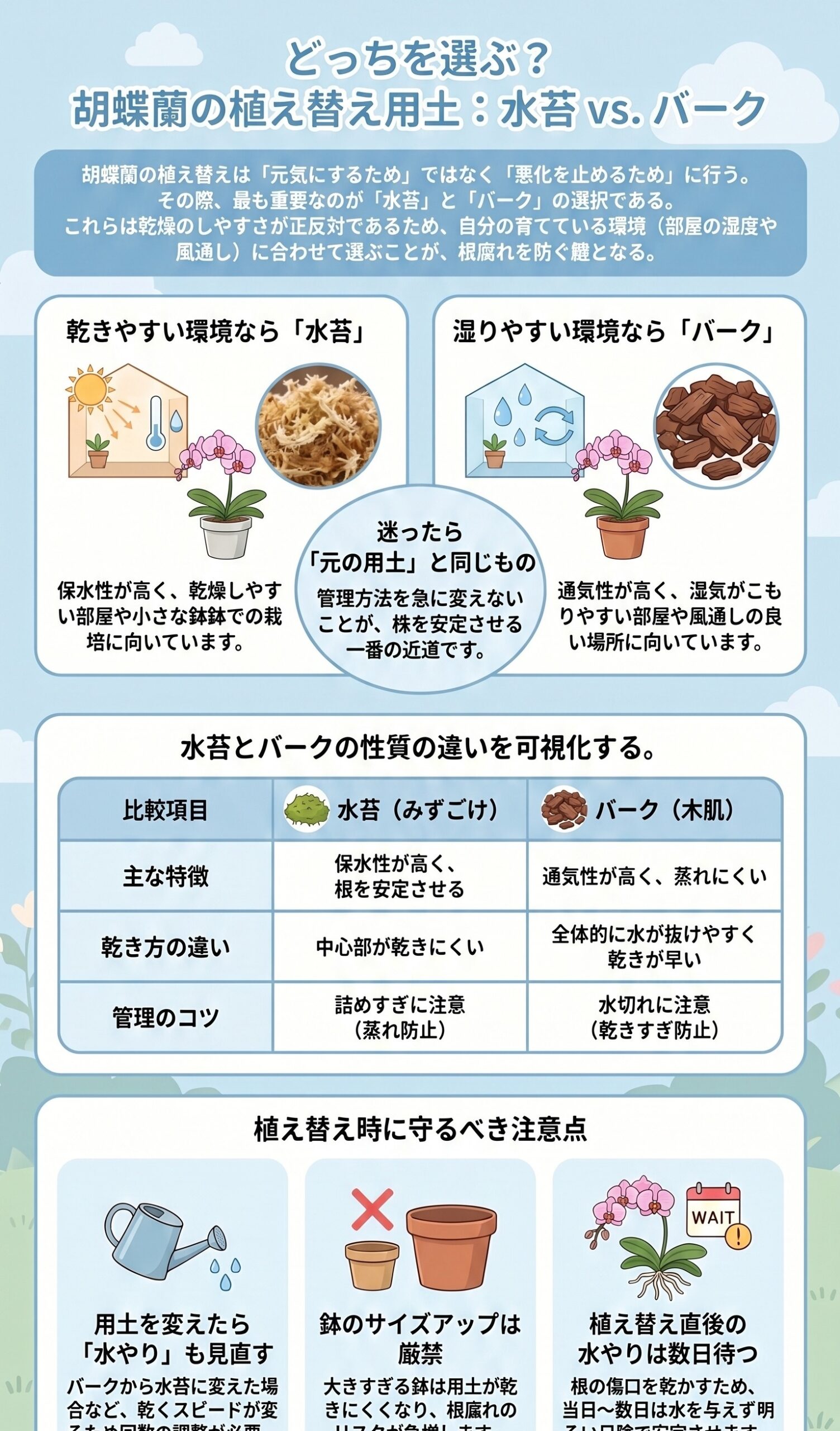 胡蝶蘭の植え替え用土で水苔とバークの選び方と注意点を比較するインフォグラフィック