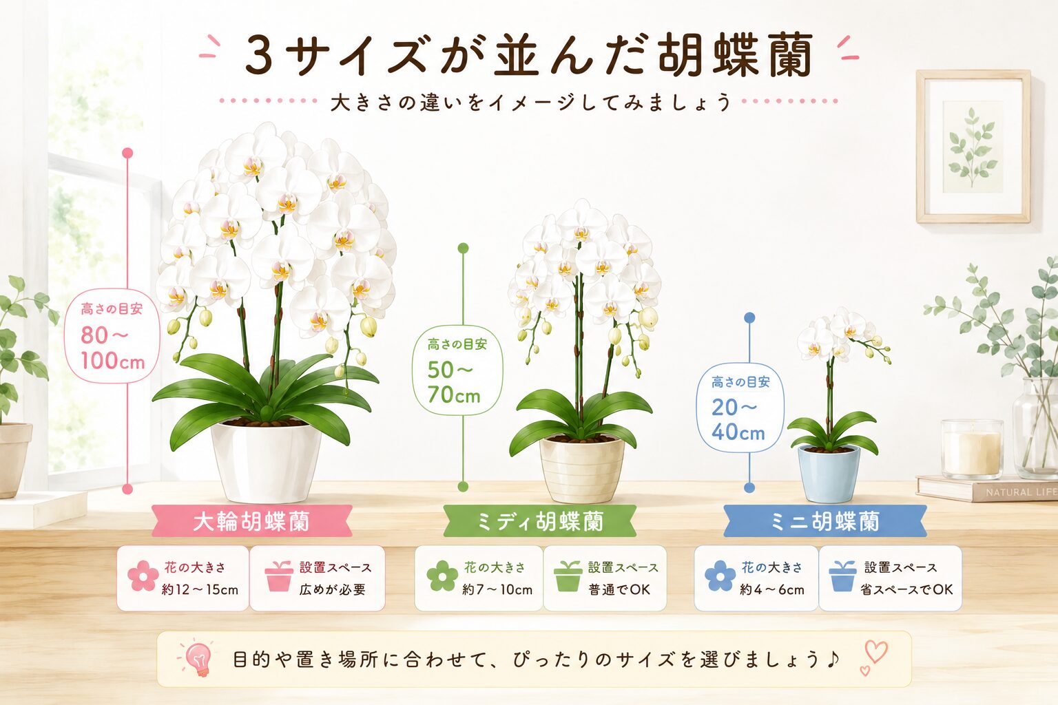 大輪ミディミニ胡蝶蘭の比較イラスト