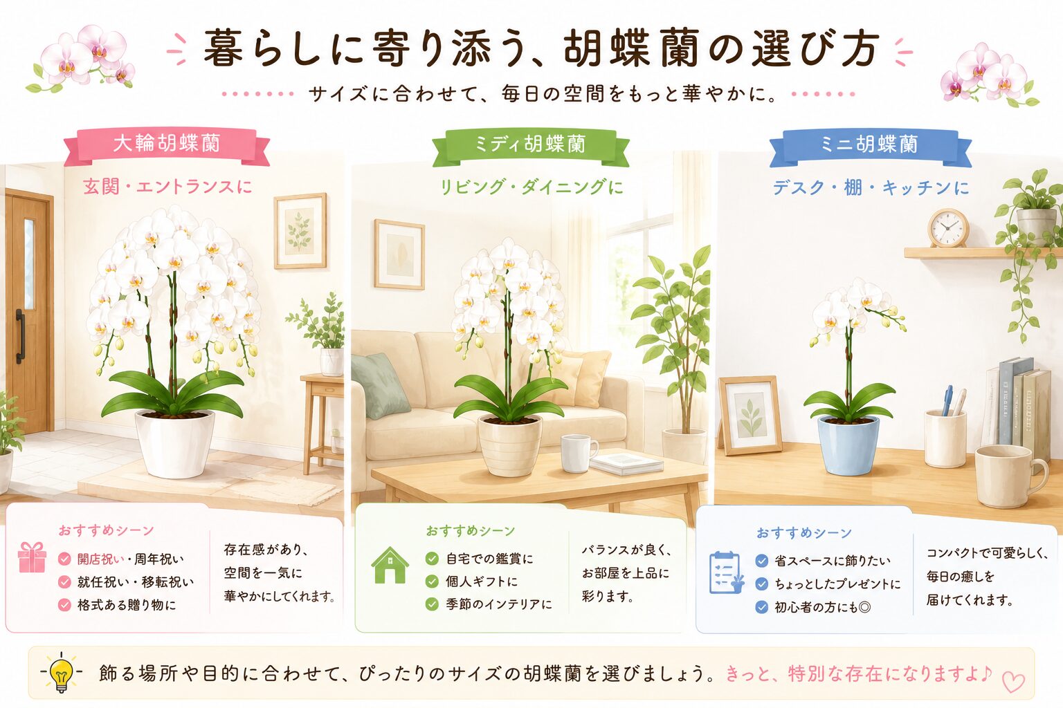 サイズに合わせて飾られた胡蝶蘭のイラスト