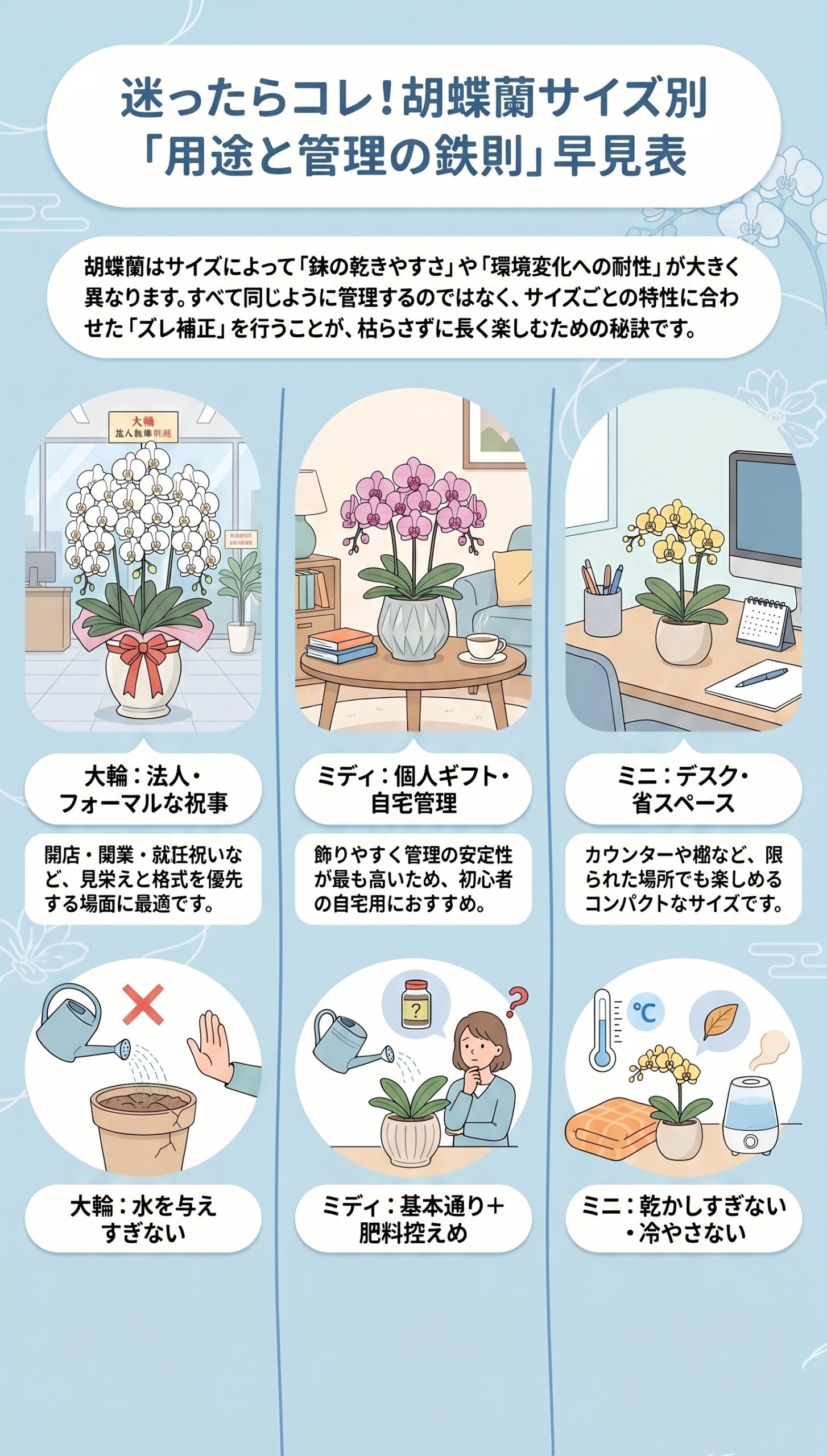 胡蝶蘭の大輪・ミディ・ミニの用途と管理ポイントをサイズ別に比較した早見表