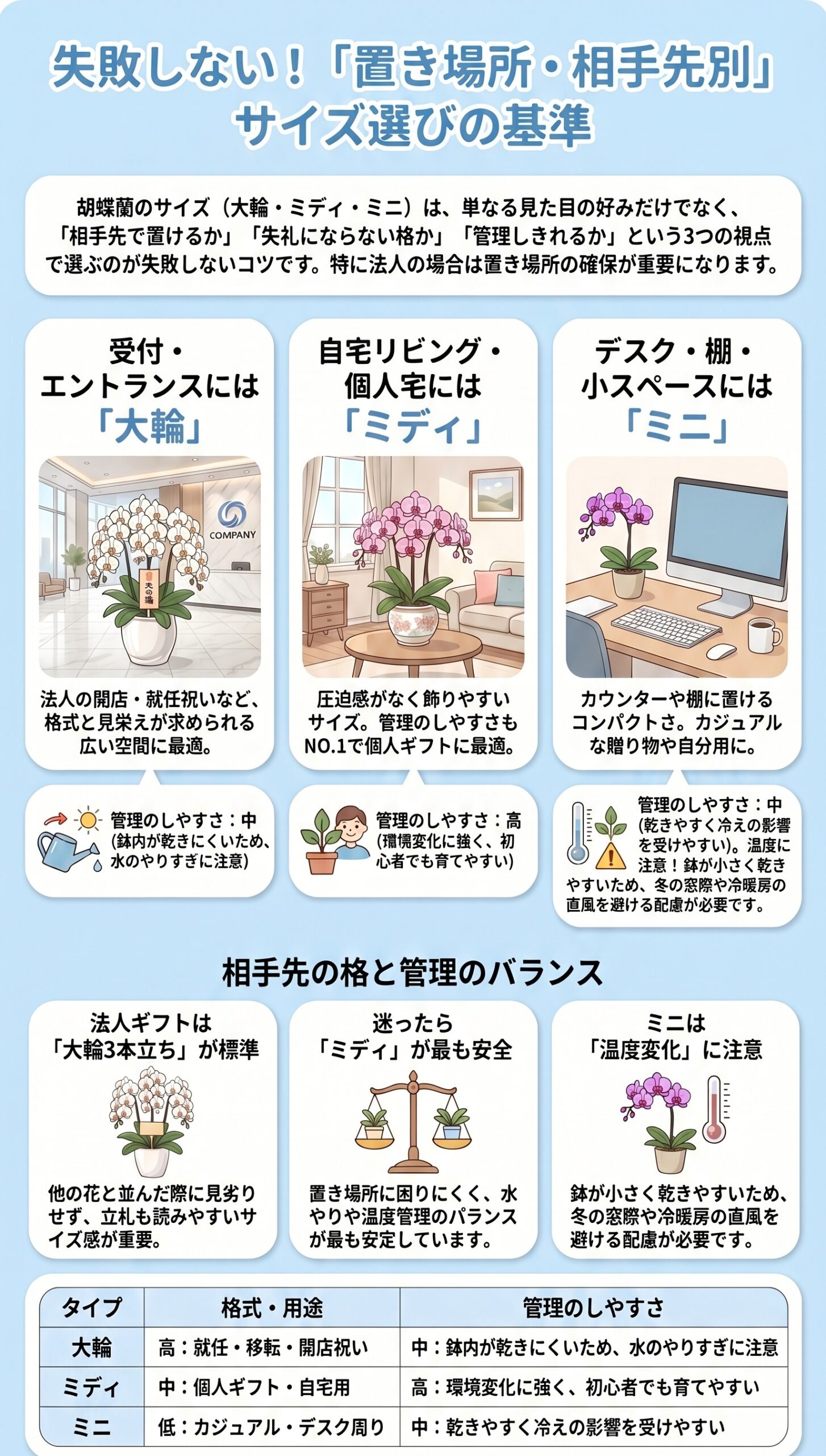 胡蝶蘭の置き場所と相手先の格に合わせたサイズ選びの基準をまとめたインフォグラフィック
