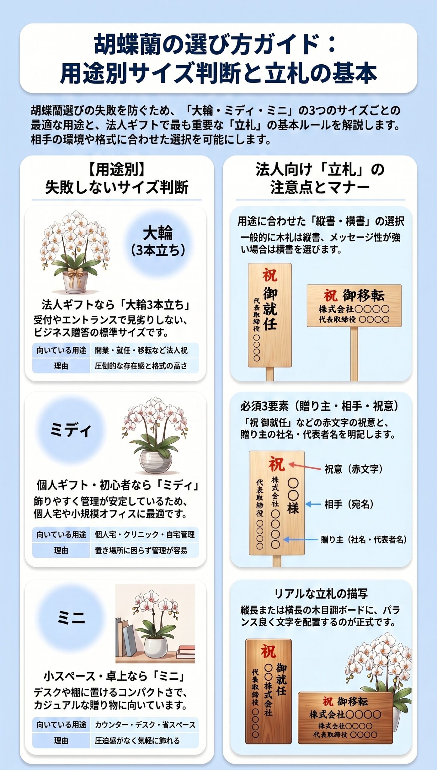 胡蝶蘭ギフトの用途別サイズ判断と法人向け注意点をまとめたインフォグラフィック