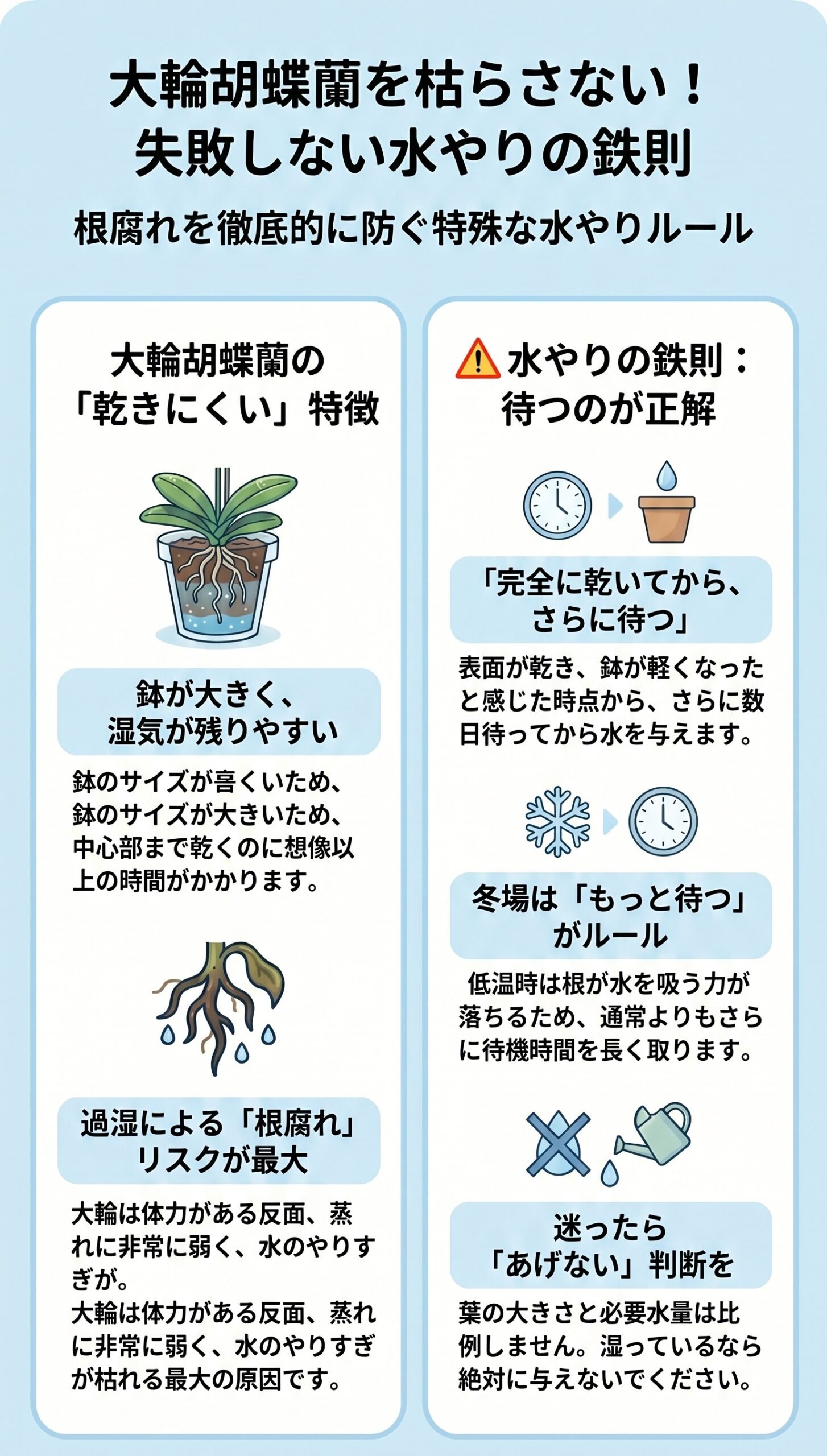 大輪胡蝶蘭の特徴と過湿を防ぐ水やりの鉄則をまとめたインフォグラフィック