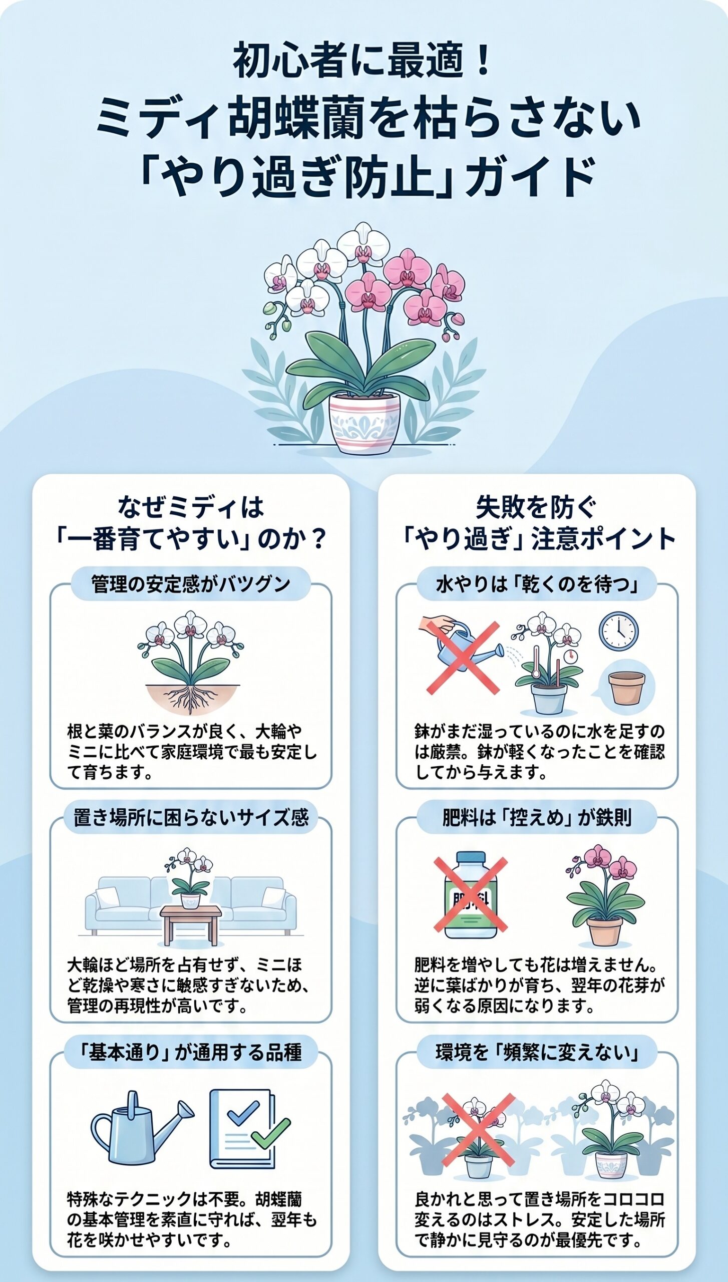 ミディ胡蝶蘭の特徴と水やりや肥料のやり過ぎを防ぐ管理ポイントをまとめたインフォグラフィック