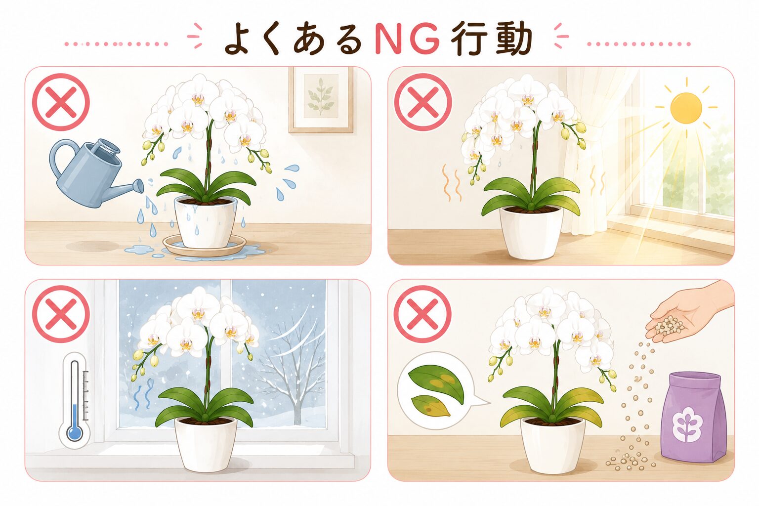 胡蝶蘭初心者がやりがちな失敗一覧図