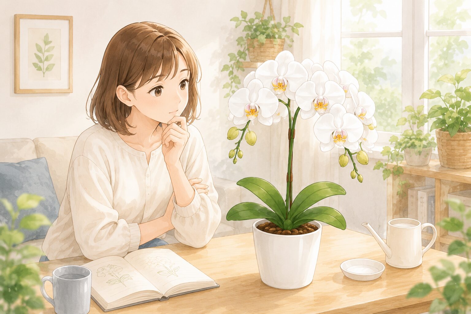 初心者が胡蝶蘭を育てる様子のイラスト