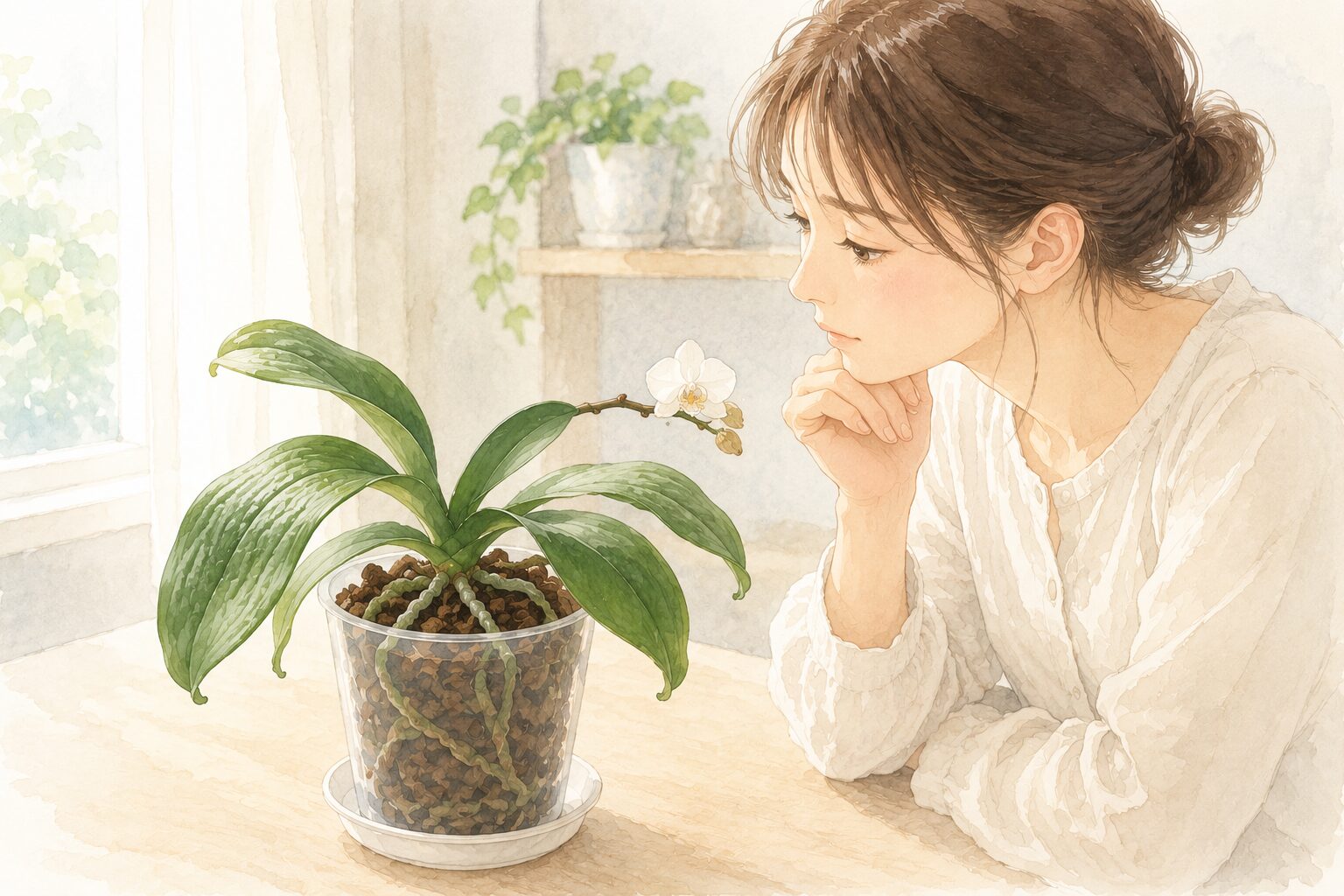 葉にしわが出た胡蝶蘭を室内で観察するイラスト