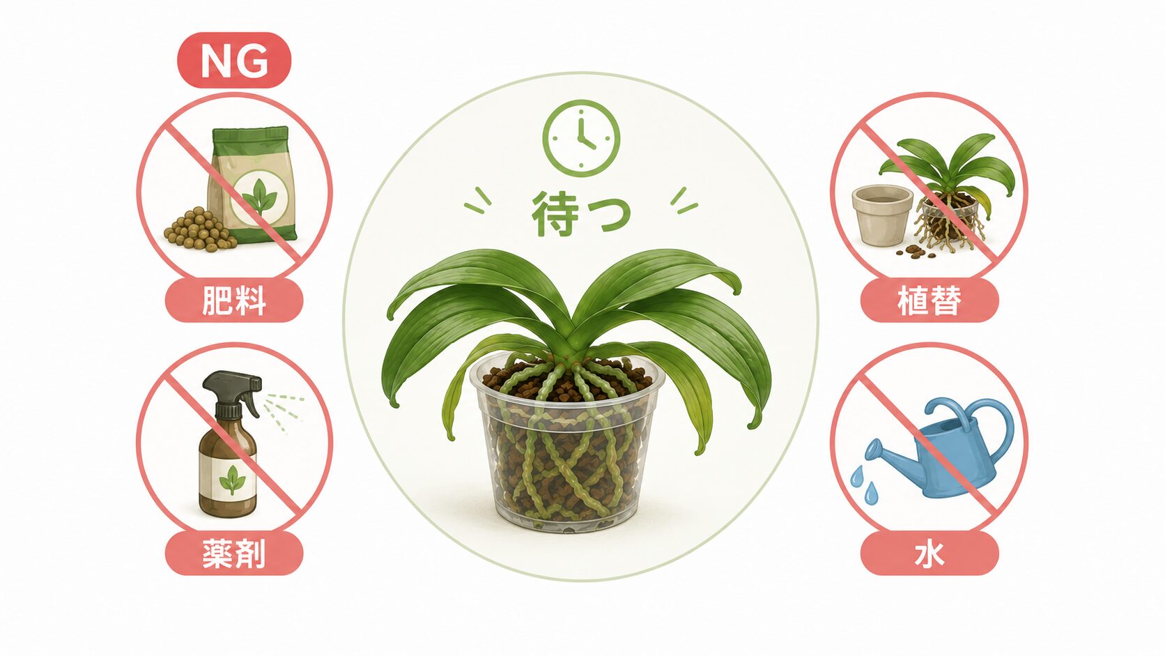 弱った胡蝶蘭に肥料・植え替え・水やりを急がないためのNG行動図解