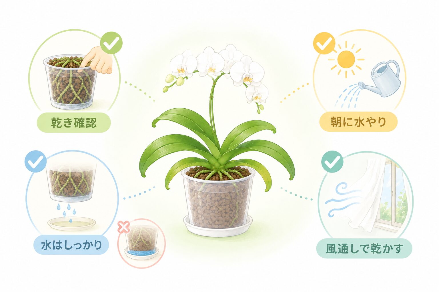 胡蝶蘭の夏の水やりで乾き具合・朝・風通しを確認する図解