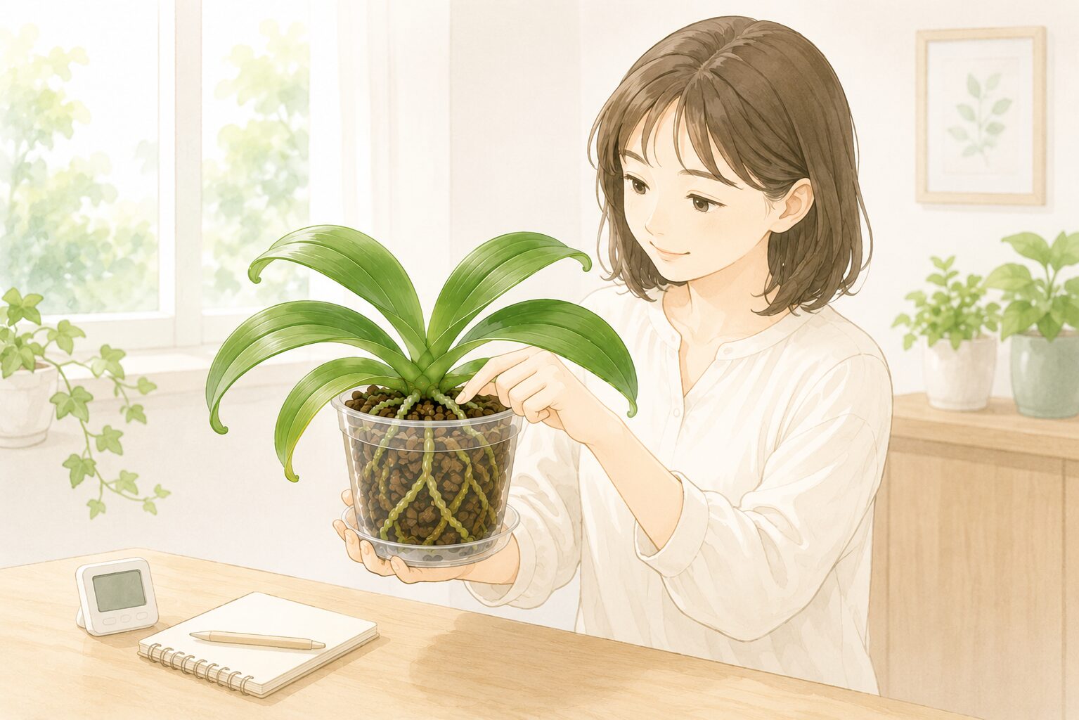 胡蝶蘭の鉢の重さと植え込み材の乾きを確認するイラスト