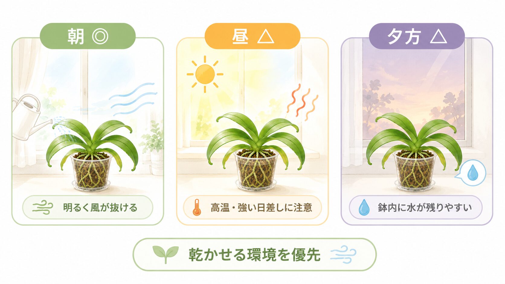 夏の胡蝶蘭の朝昼夕方の水やり判断を示す図解