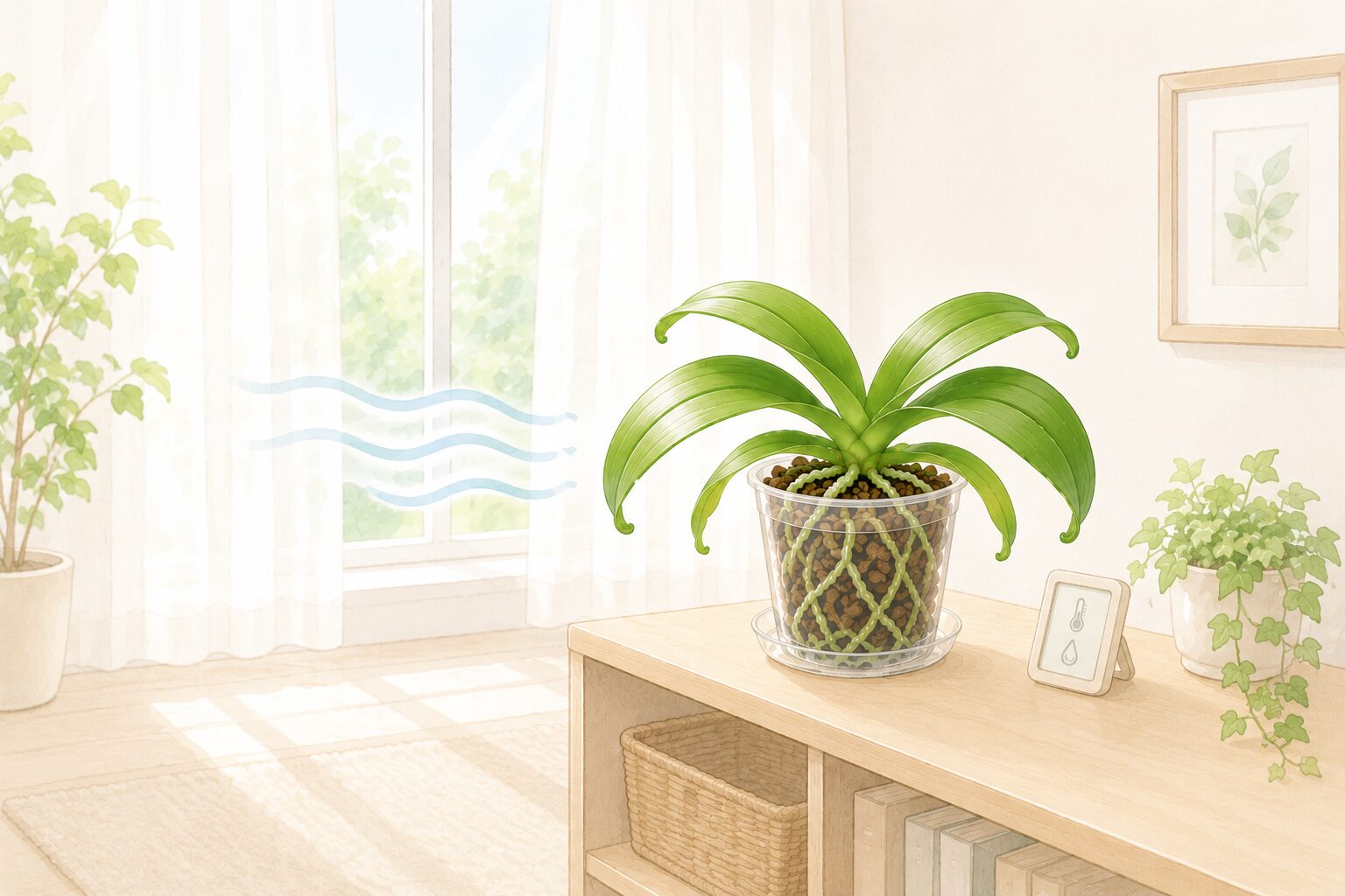 夏の直射日光を避けて胡蝶蘭を明るい室内に置くイラスト