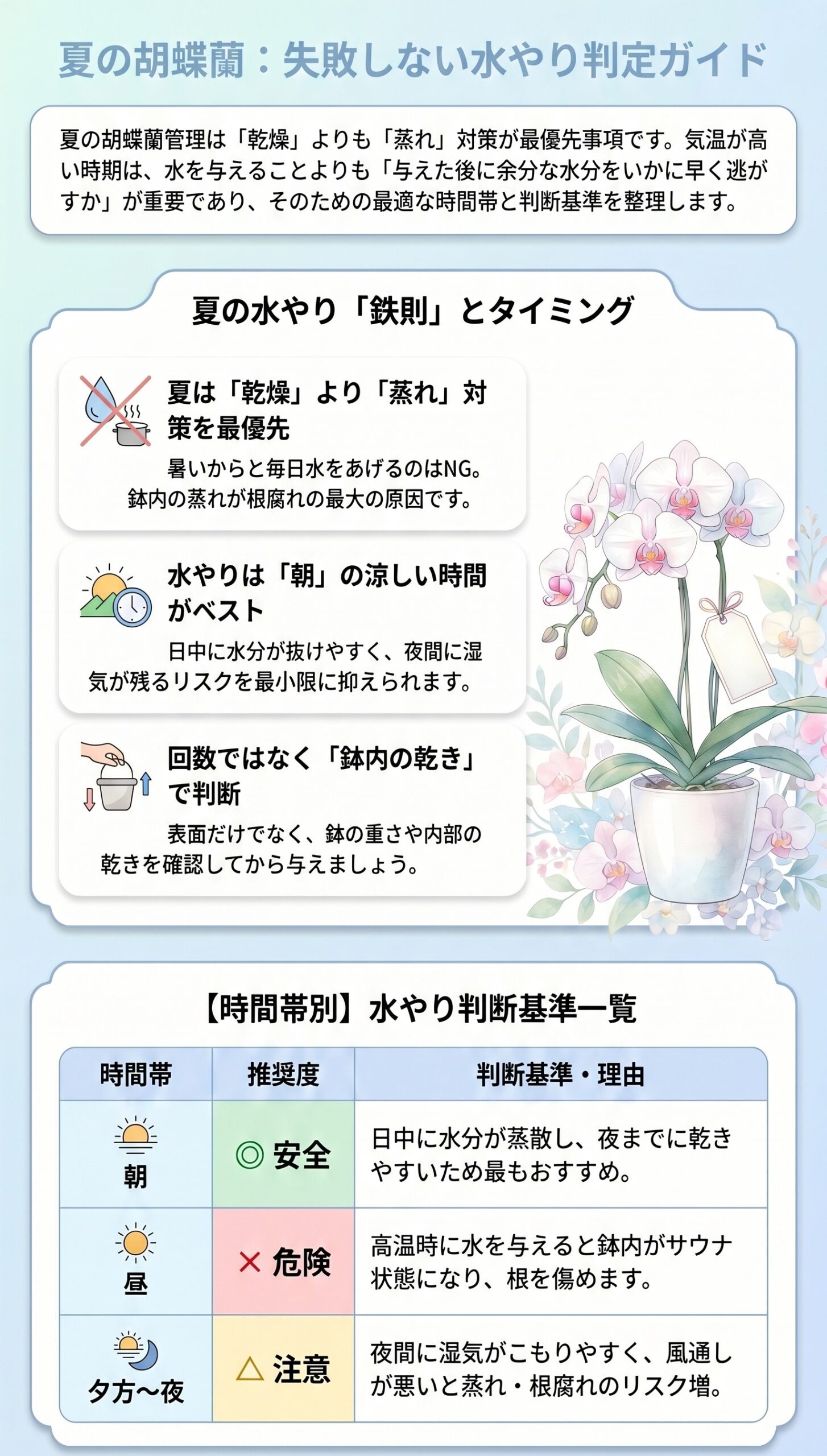 迷ったらコレ!夏の水やり「蒸れ対策」最優先の鉄則|夏の胡蝶蘭の水やりと根腐れ対策を視覚的に整理したインフォグラフィック