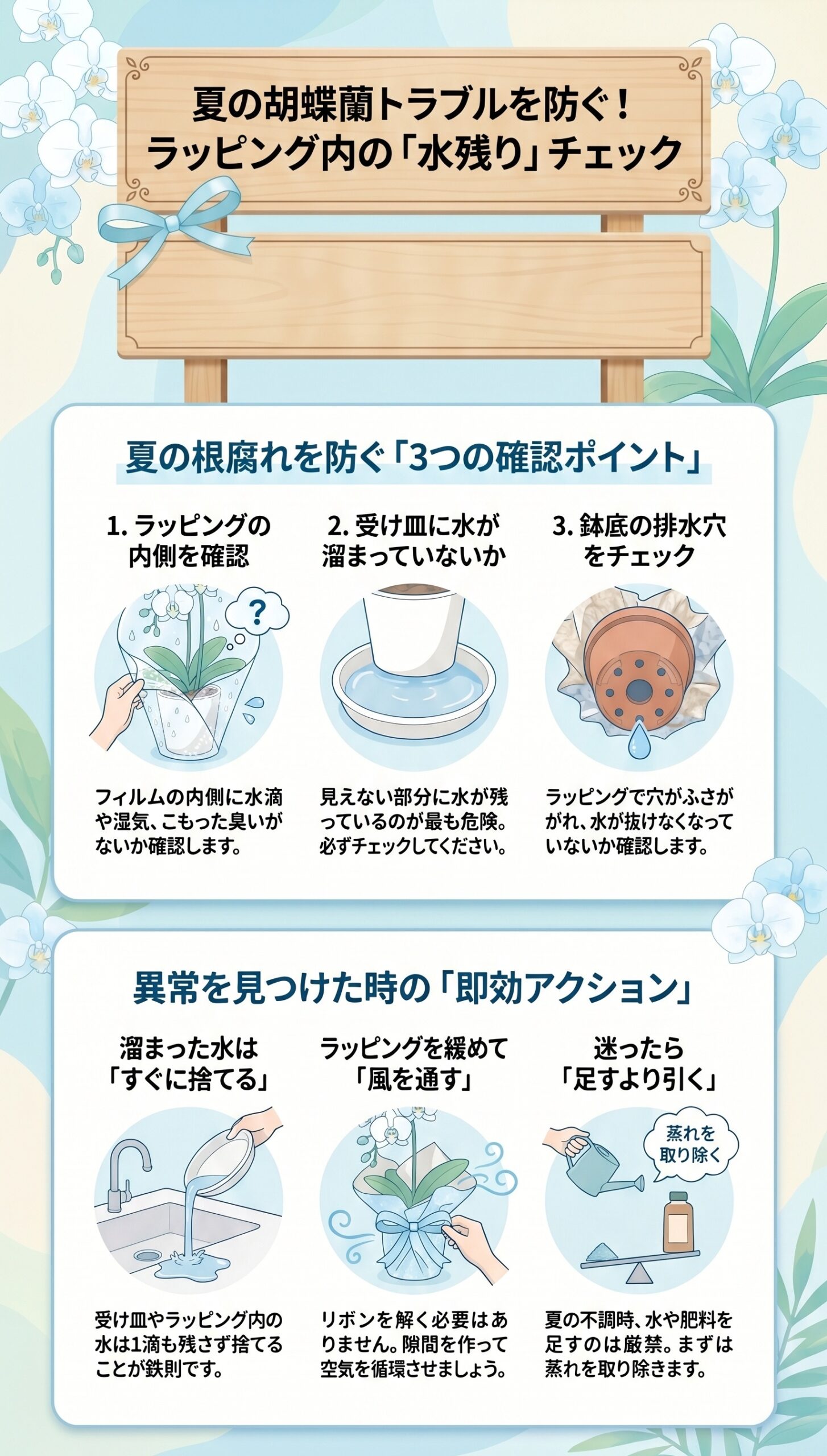 なぜ夏は根腐れする?「高温×多湿×通気不足」の悪循環|夏の胡蝶蘭の水やりと根腐れ対策を視覚的に整理したインフォグラフィック