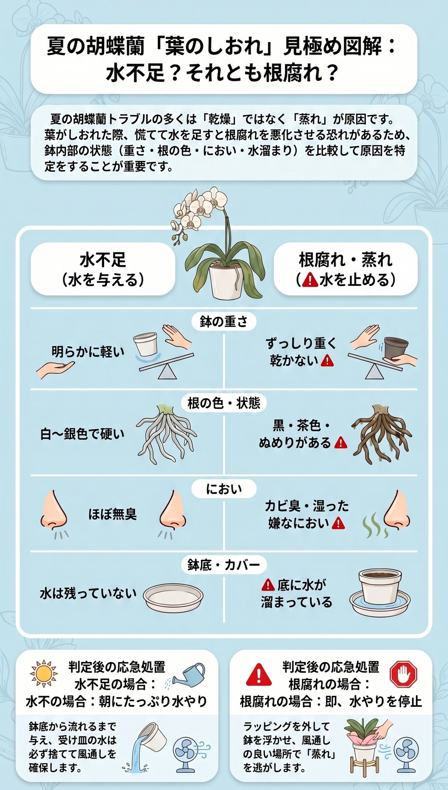 騙されないで!鉢内が「本当に乾いたか」5つの確認ポイント|夏の胡蝶蘭の水やりと根腐れ対策を視覚的に整理したインフォグラフィック