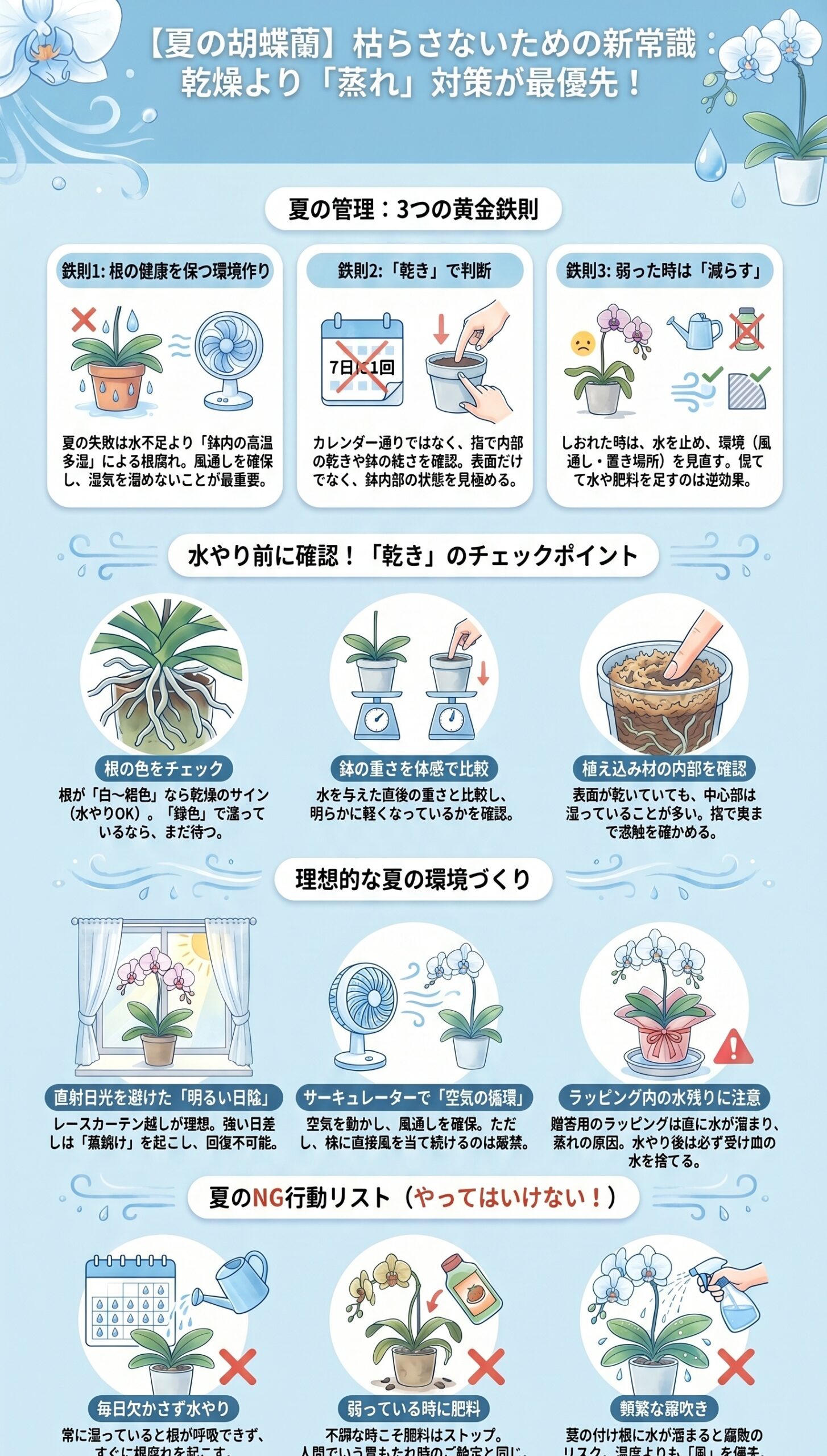 根腐れ防止!贈答胡蝶蘭の「ラッピング内」水残りチェック|夏の胡蝶蘭の水やりと根腐れ対策を視覚的に整理したインフォグラフィック