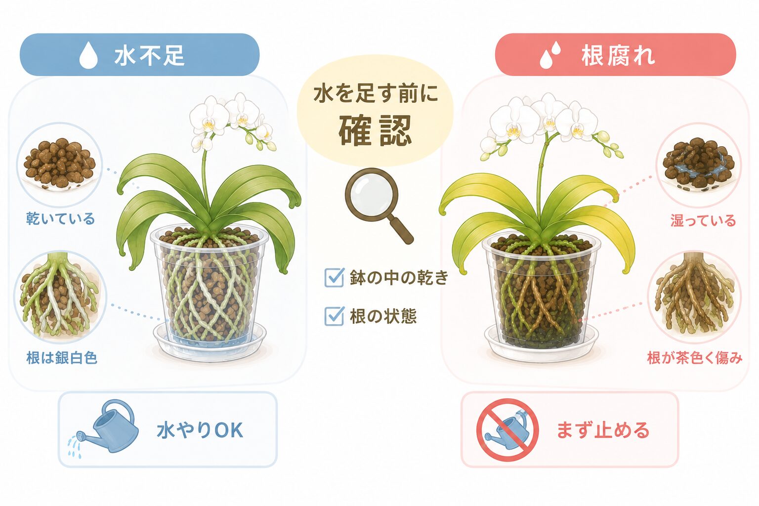胡蝶蘭の水不足と根腐れの違いを鉢内の乾きと根の色で比較する図解