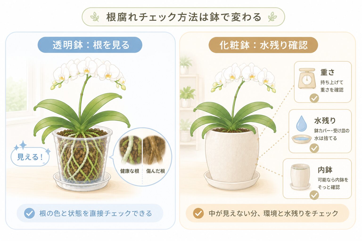 透明鉢と化粧鉢で異なる胡蝶蘭の根腐れチェック方法の図解