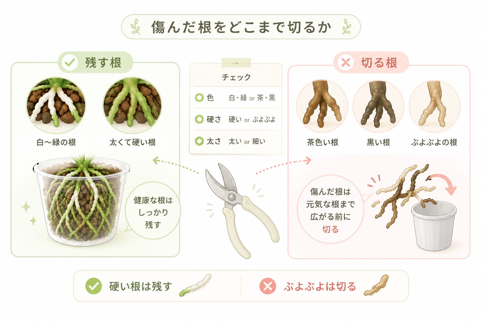 胡蝶蘭の残す根と切る根を色と硬さで判断する図解