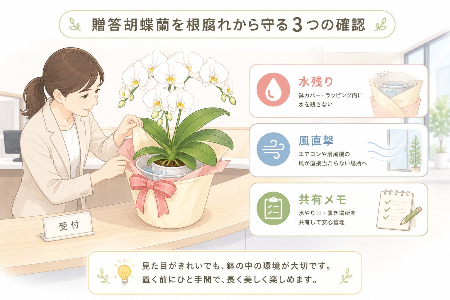 贈答胡蝶蘭の鉢カバー内の水残りと置き場所を確認するイラスト