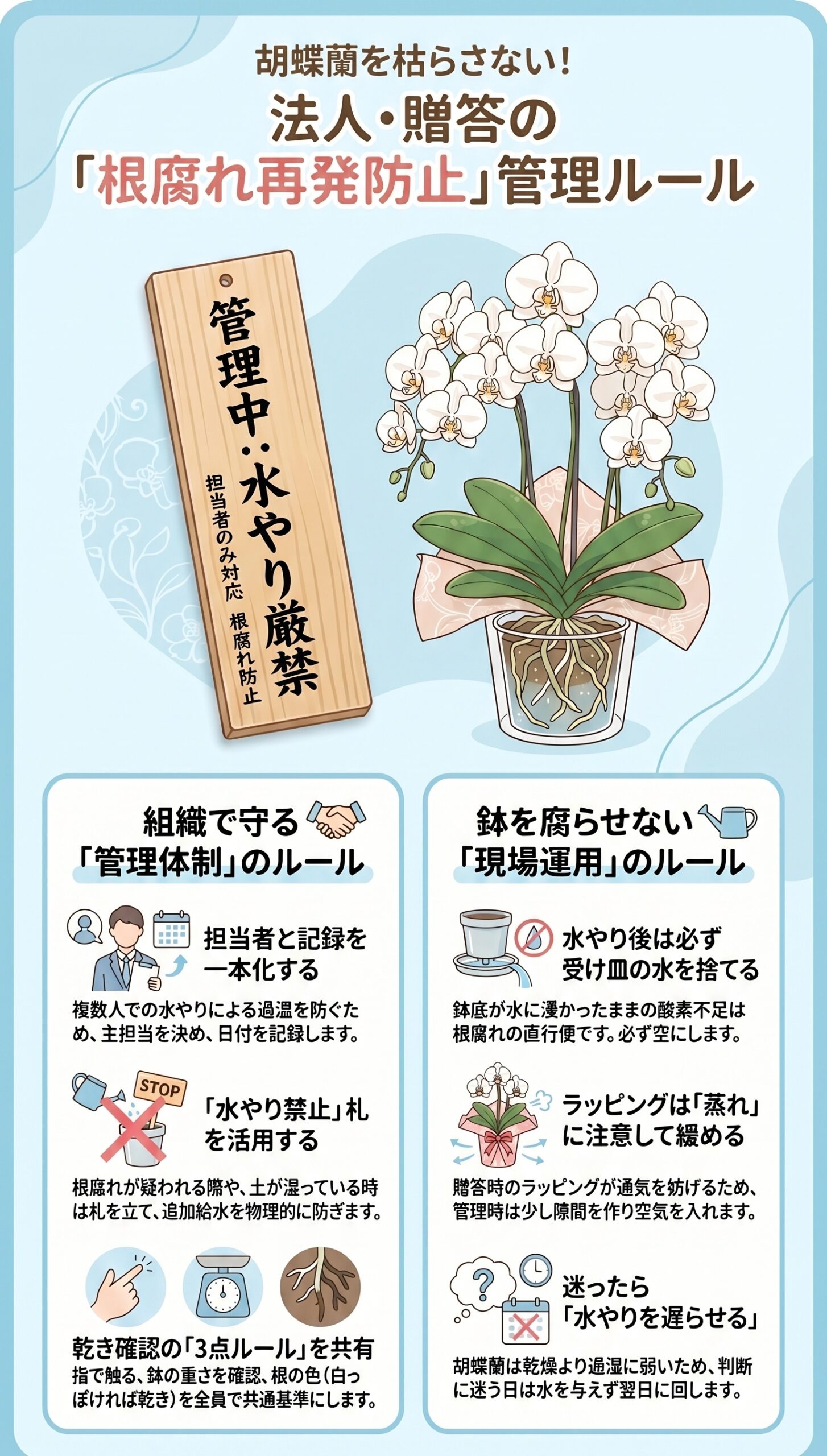 要注意！透明鉢vs化粧鉢の見落としポイントと「贈答鉢」の罠｜胡蝶蘭の根腐れ診断と再発防止を視覚的に整理したインフォグラフィック