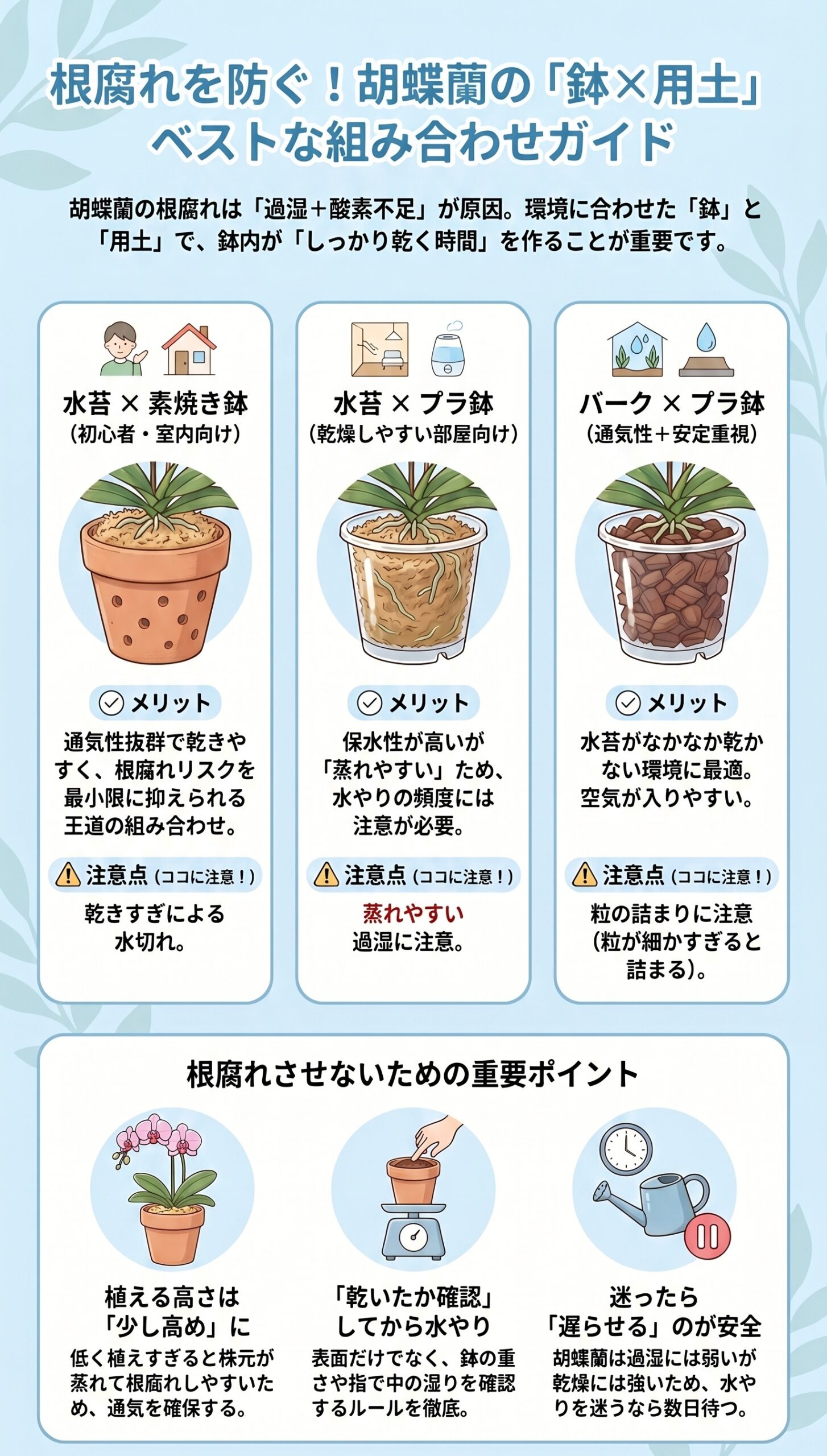 失敗しない！傷んだ根の「残す・切る」安全判断表｜胡蝶蘭の根腐れ診断と再発防止を視覚的に整理したインフォグラフィック