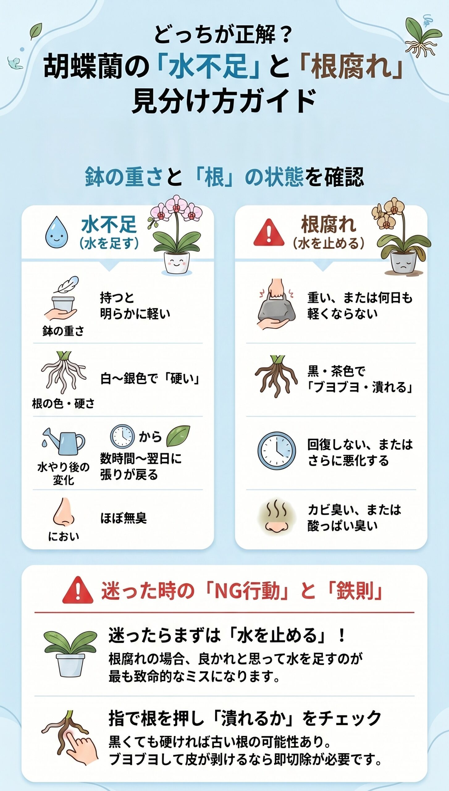 これで安心！根腐れを繰り返さない「法人・贈答の管理ルール」｜胡蝶蘭の根腐れ診断と再発防止を視覚的に整理したインフォグラフィック