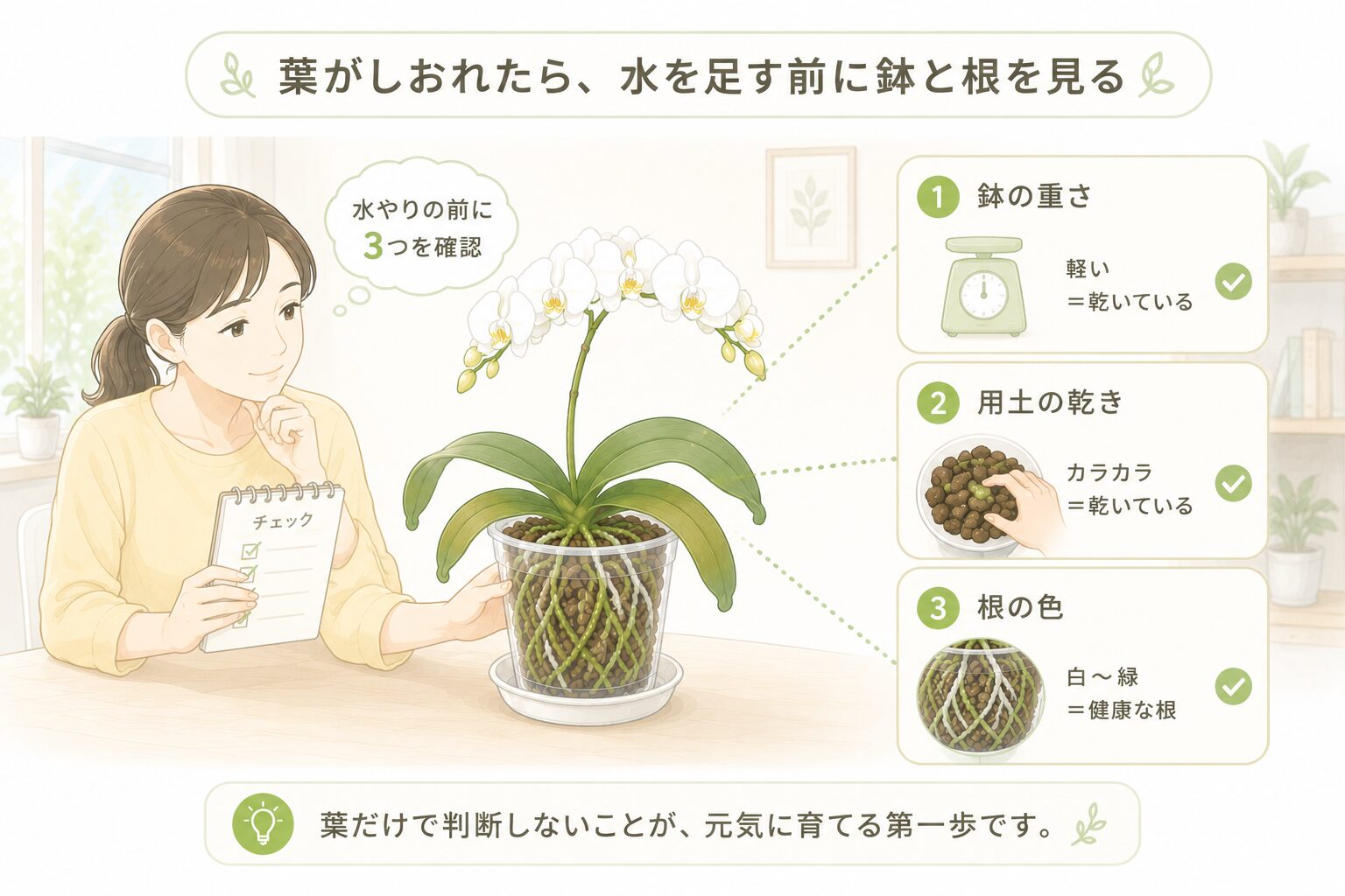 胡蝶蘭の葉がしおれた時に水を足す前に鉢の重さ・用土・根を確認する図解