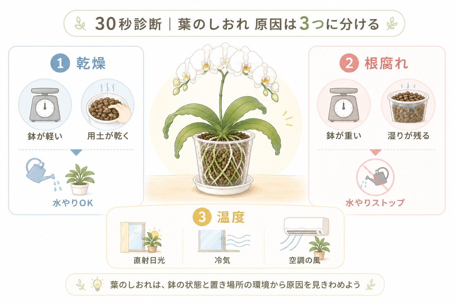 胡蝶蘭の葉のしおれを乾燥・根腐れ・温度で見分ける30秒診断図解