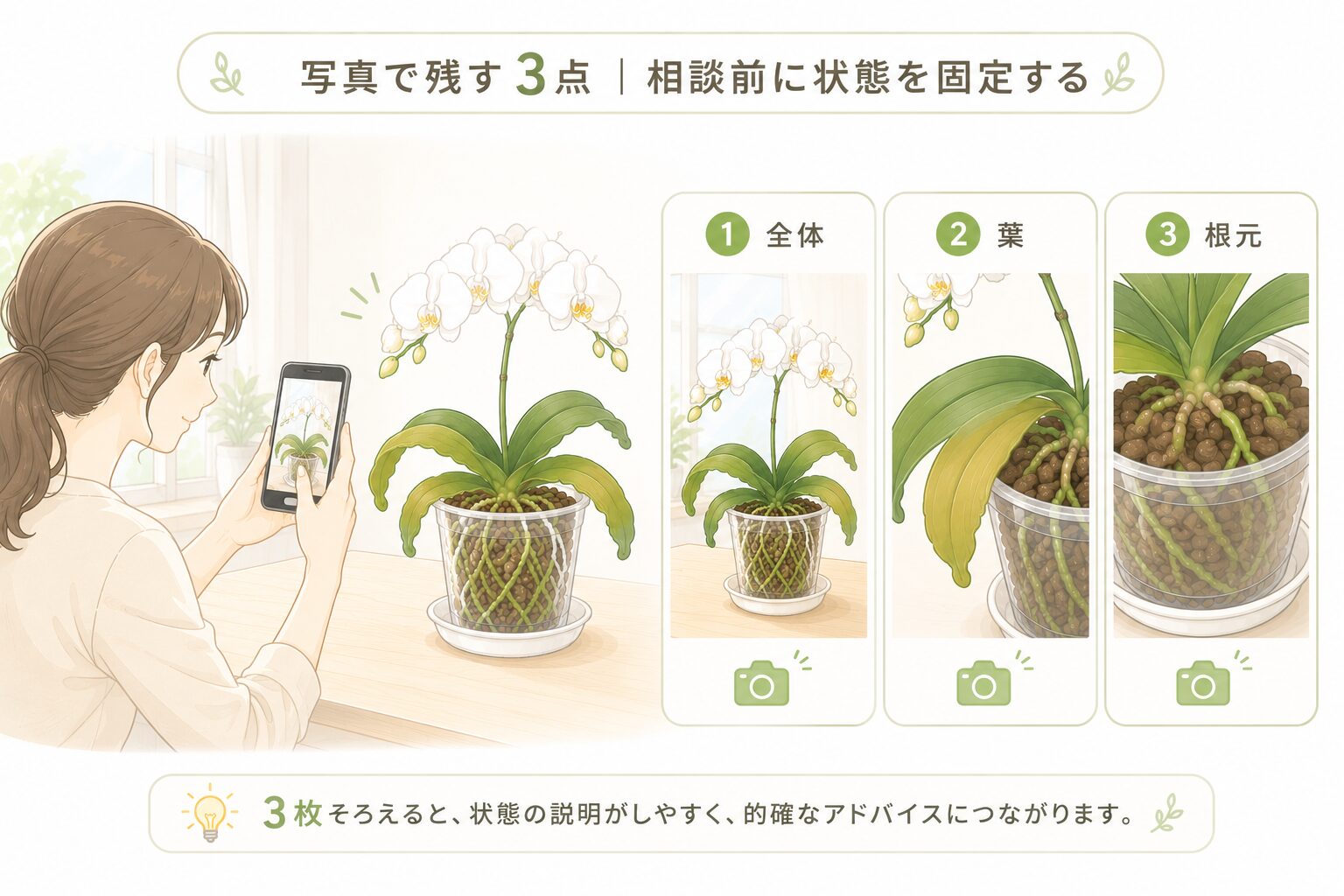胡蝶蘭の葉のしおれ相談前に全体・葉・根元を写真で残す手順のイラスト